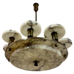 1930s French Art Deco Alabaster and Brass Eight Arm Chandelier