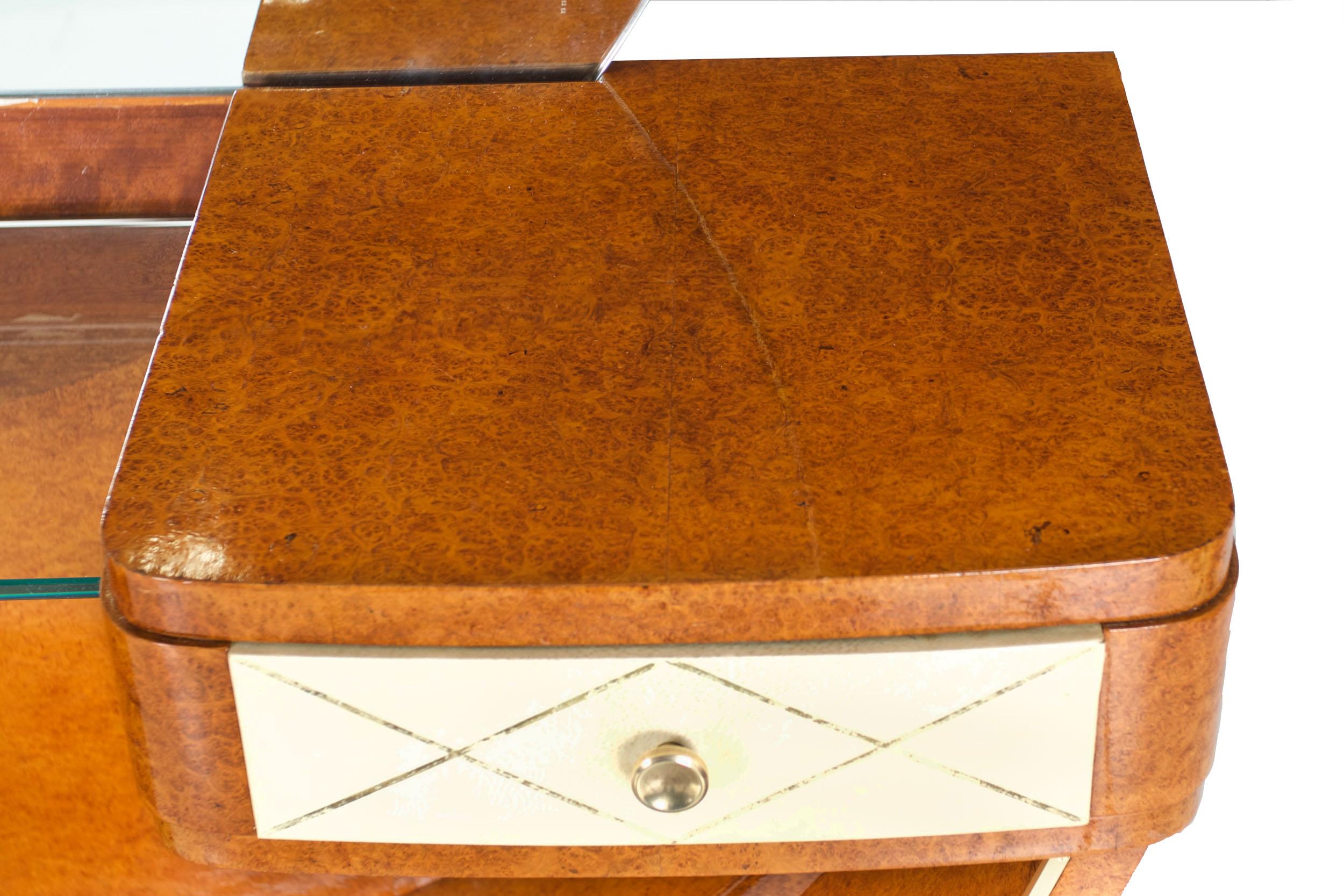 1930s French Art Deco Antique Amboyna, Brass and Goatskin Dressing Table Vanity 1