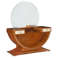 1930s French Art Deco Antique Amboyna, Brass and Goatskin Dressing Table Vanity