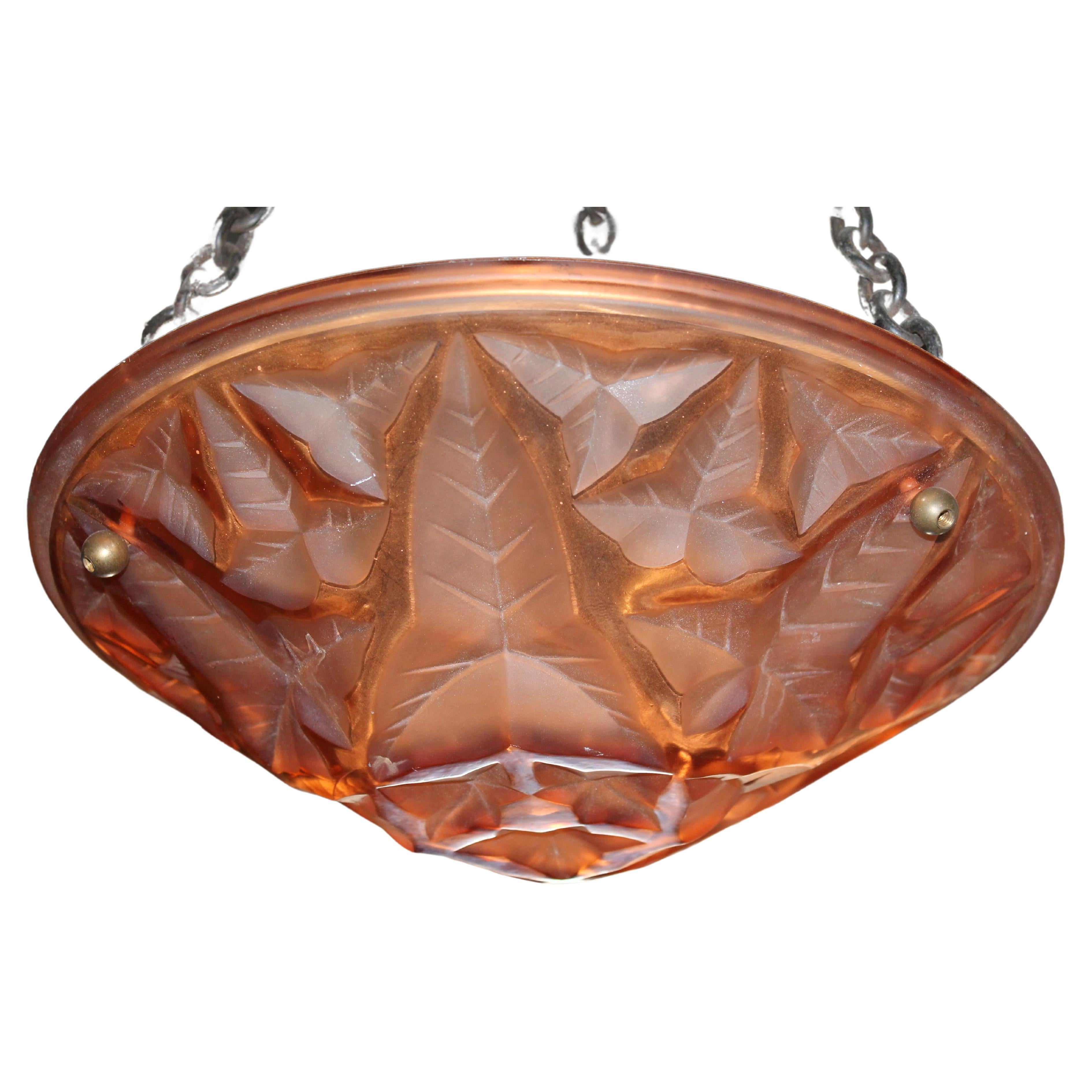 1930s French Art Deco Art Glass/ Black Iron Ceiling Pendant Fixture/ Plafonnier For Sale