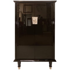 Antique 1930s French Art Deco Bar Furniture in Black Lacquer with Nickelled Fittings