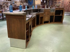 1930s French Art Deco Bar, Tin Curved Counter Top, Oak Walnut Wood Base