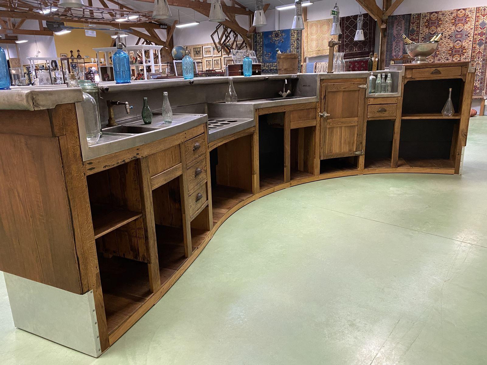 1930s French Art Deco Bar, Tin Curved Counter Top, Oak Walnut Wood Base In Good Condition In Brooklyn, NY