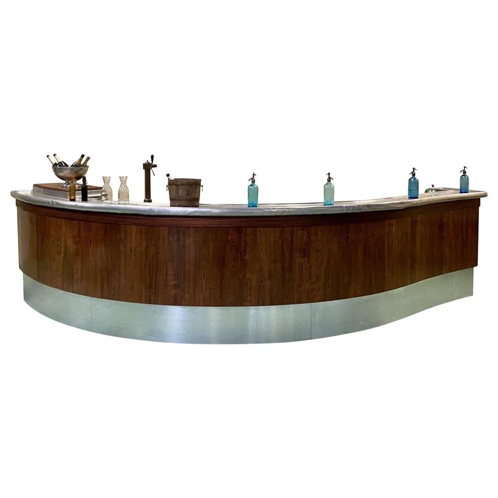 1930s French Art Deco Bar, Tin Curved Counter Top, Oak Walnut Wood Base
