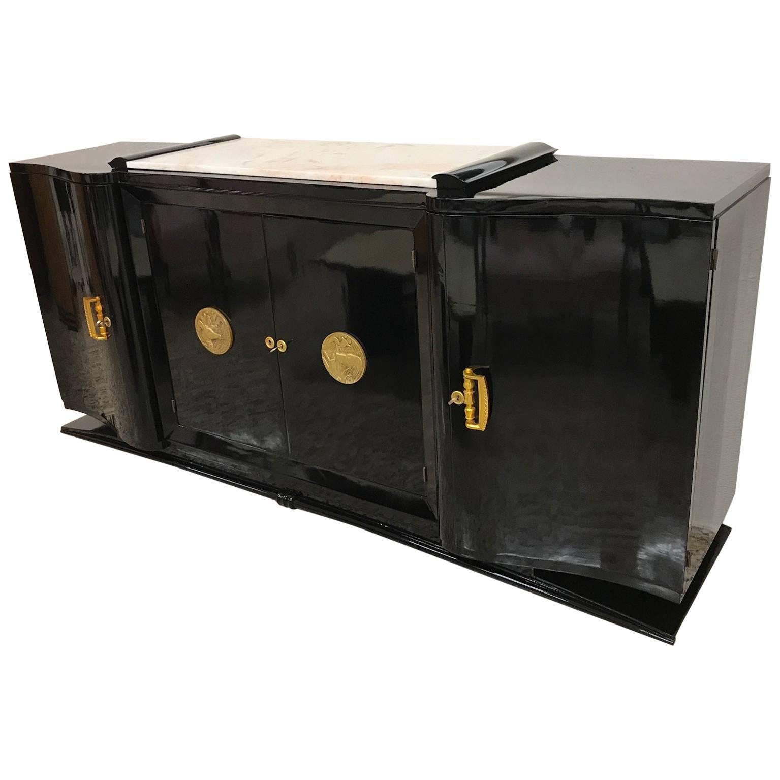 1930s French Art Deco Black Lacquered Sideboard
