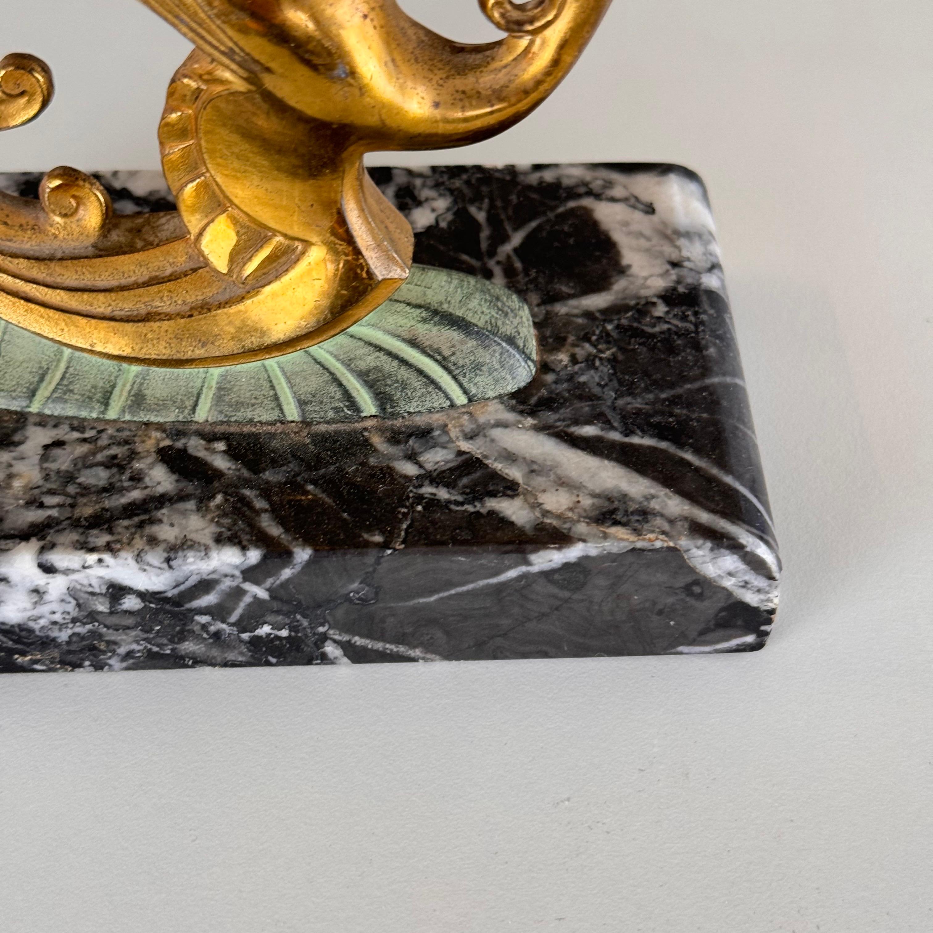 1930s French Art Deco Black Marble, Brass & Bronze Bird of Paradise Bookends For Sale 6