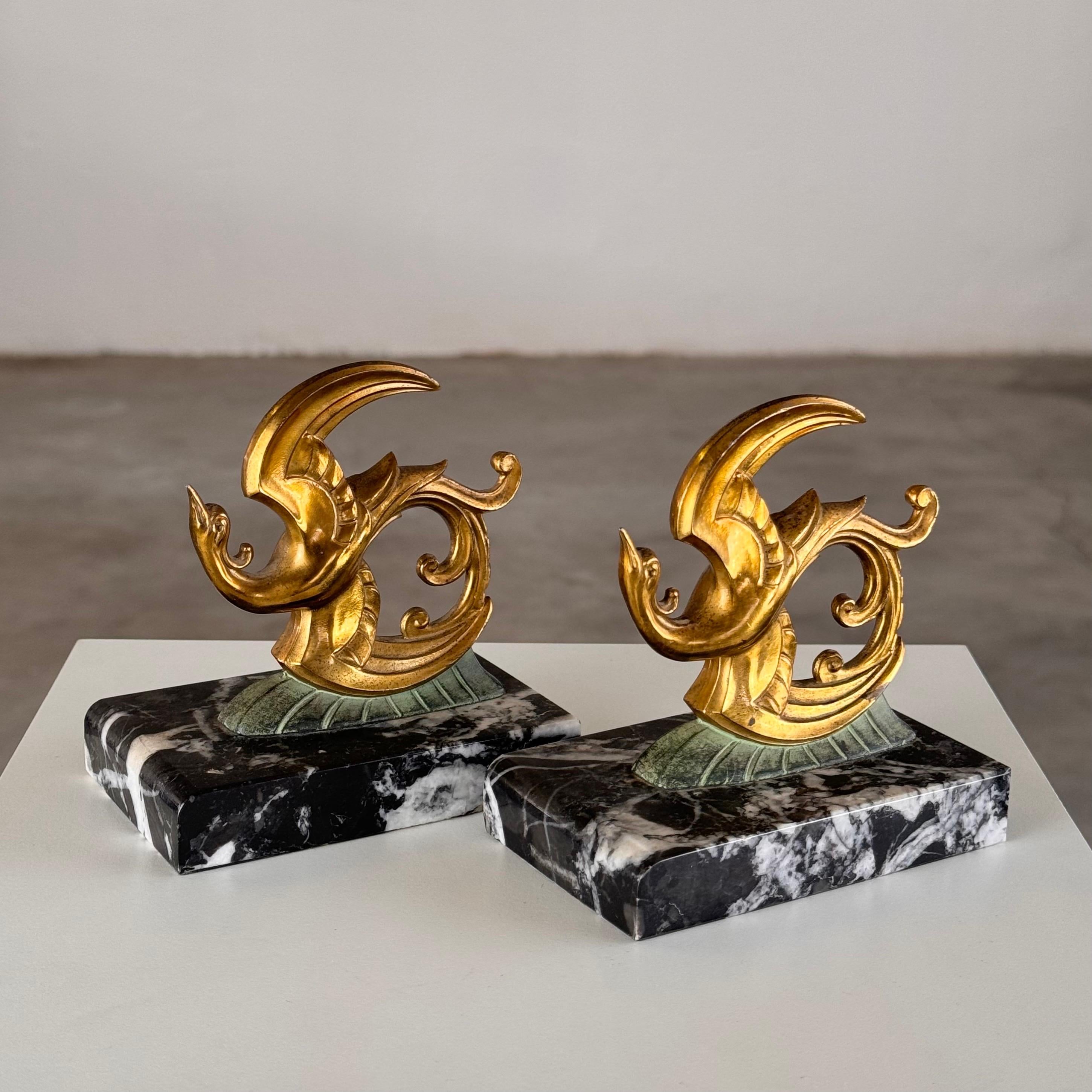 1930s French Art Deco Black Marble, Brass & Bronze Bird of Paradise Bookends For Sale 7