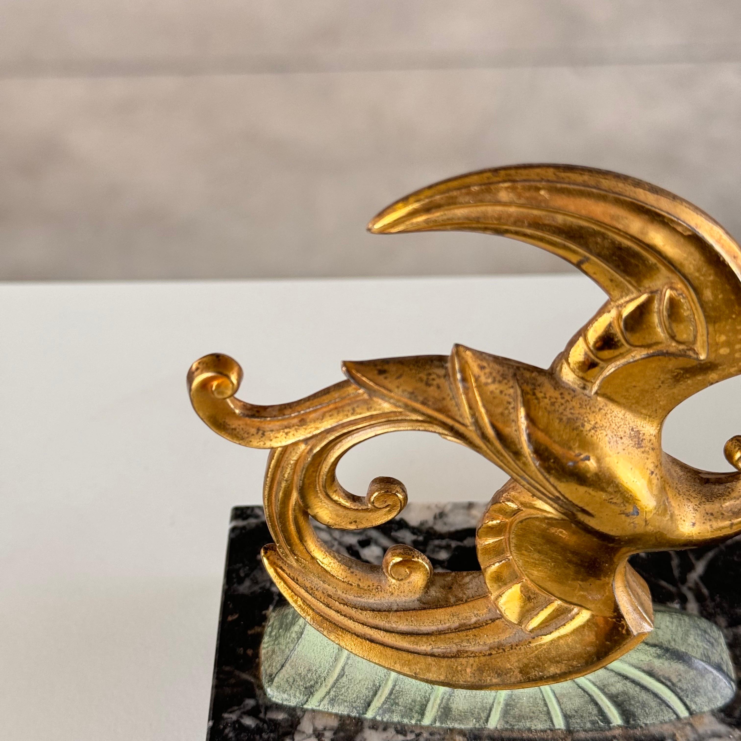 1930s French Art Deco Black Marble, Brass & Bronze Bird of Paradise Bookends For Sale 8