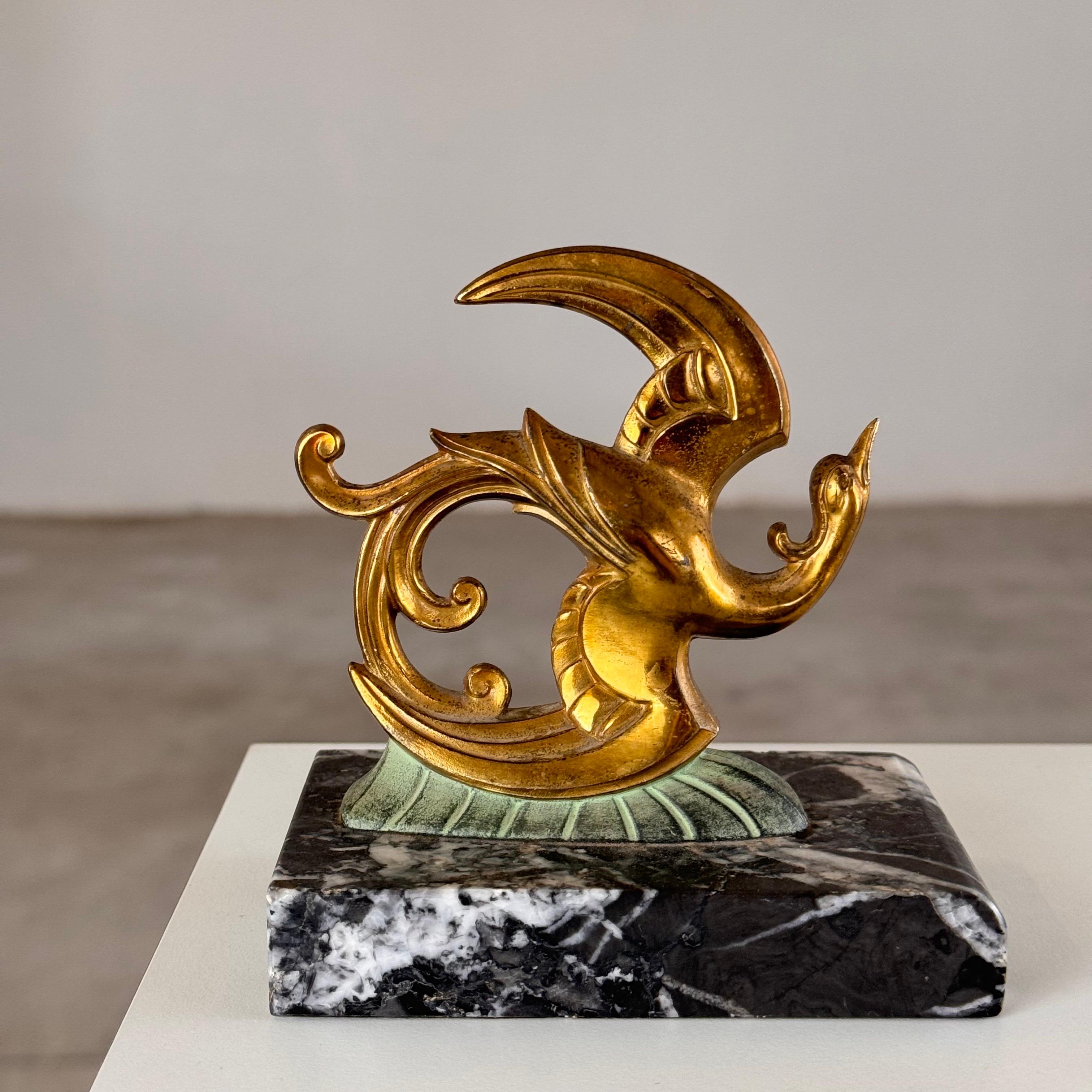 1930s French Art Deco Black Marble, Brass & Bronze Bird of Paradise Bookends For Sale 3