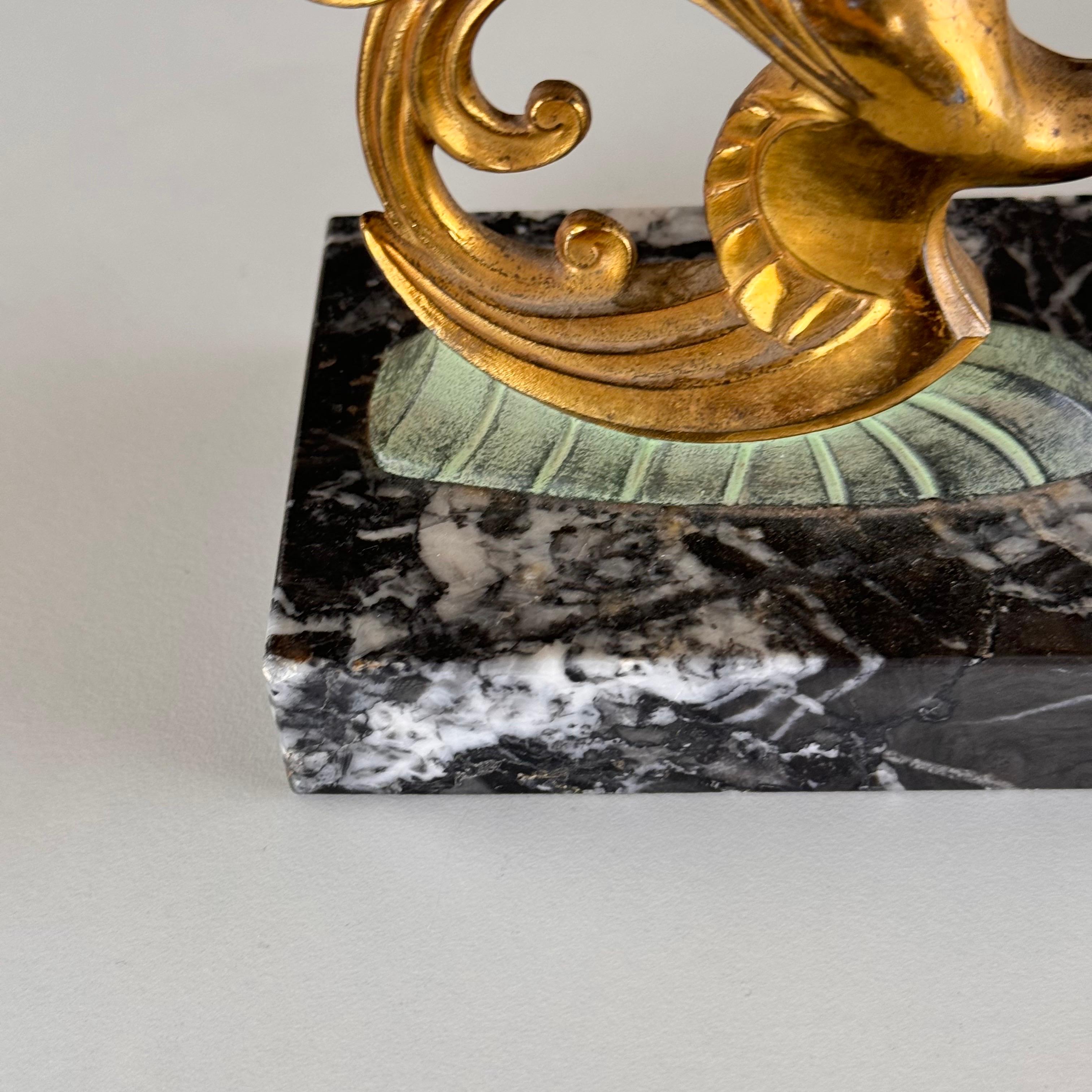 1930s French Art Deco Black Marble, Brass & Bronze Bird of Paradise Bookends For Sale 4