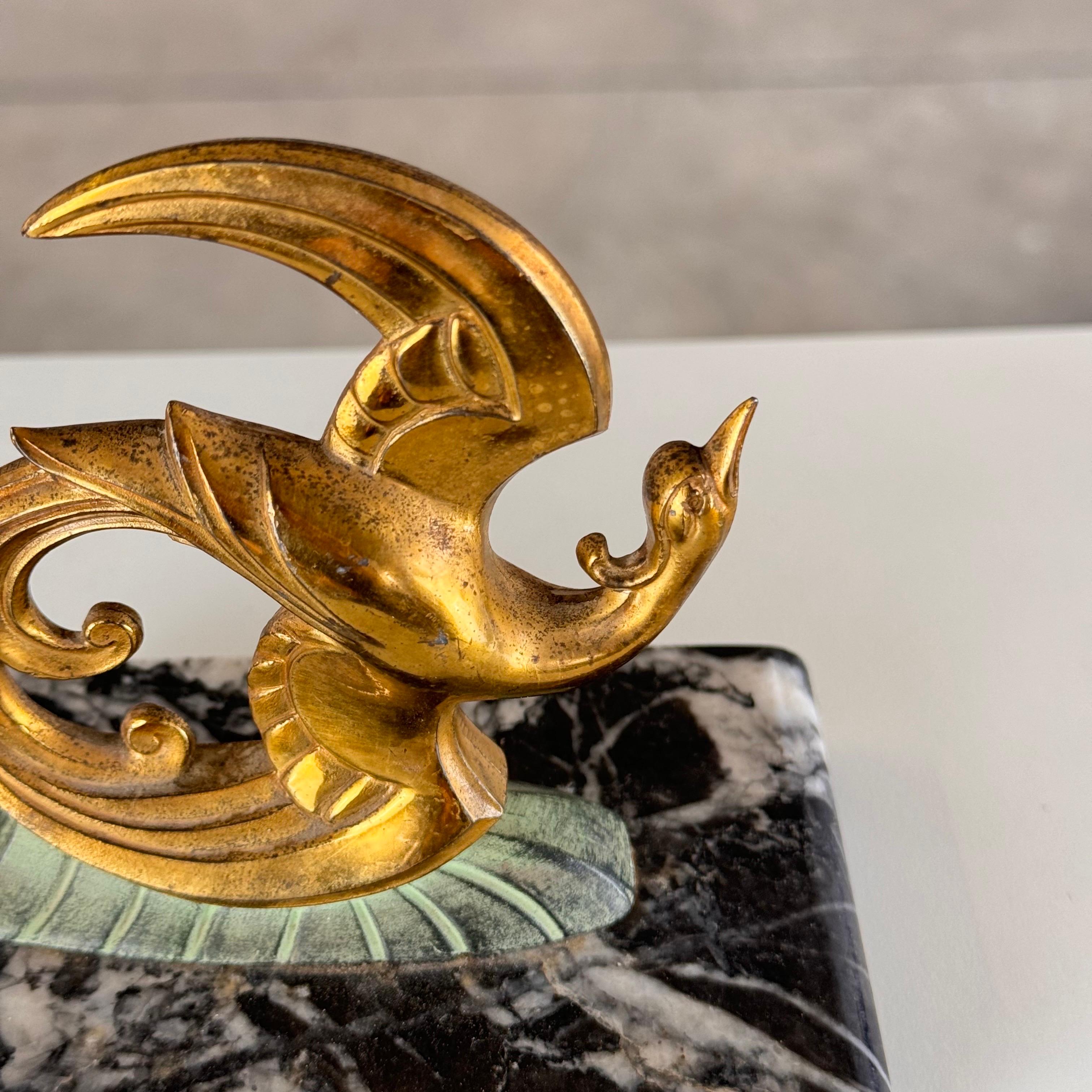 1930s French Art Deco Black Marble, Brass & Bronze Bird of Paradise Bookends For Sale 5