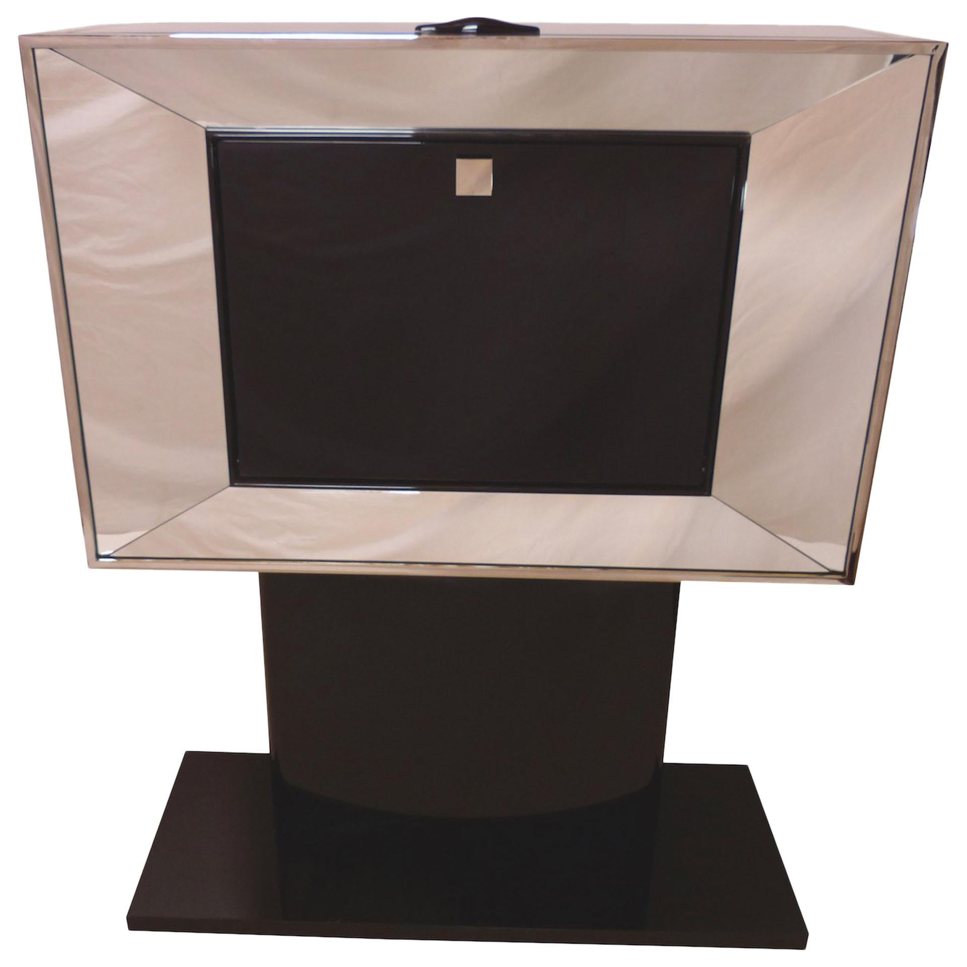 1930s French Art Deco Black Piano Lacquer Bar Cabinet on a High Main Pillar For Sale