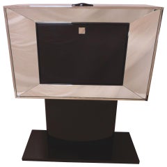 Antique 1930s French Art Deco Black Piano Lacquer Bar Cabinet on a High Main Pillar