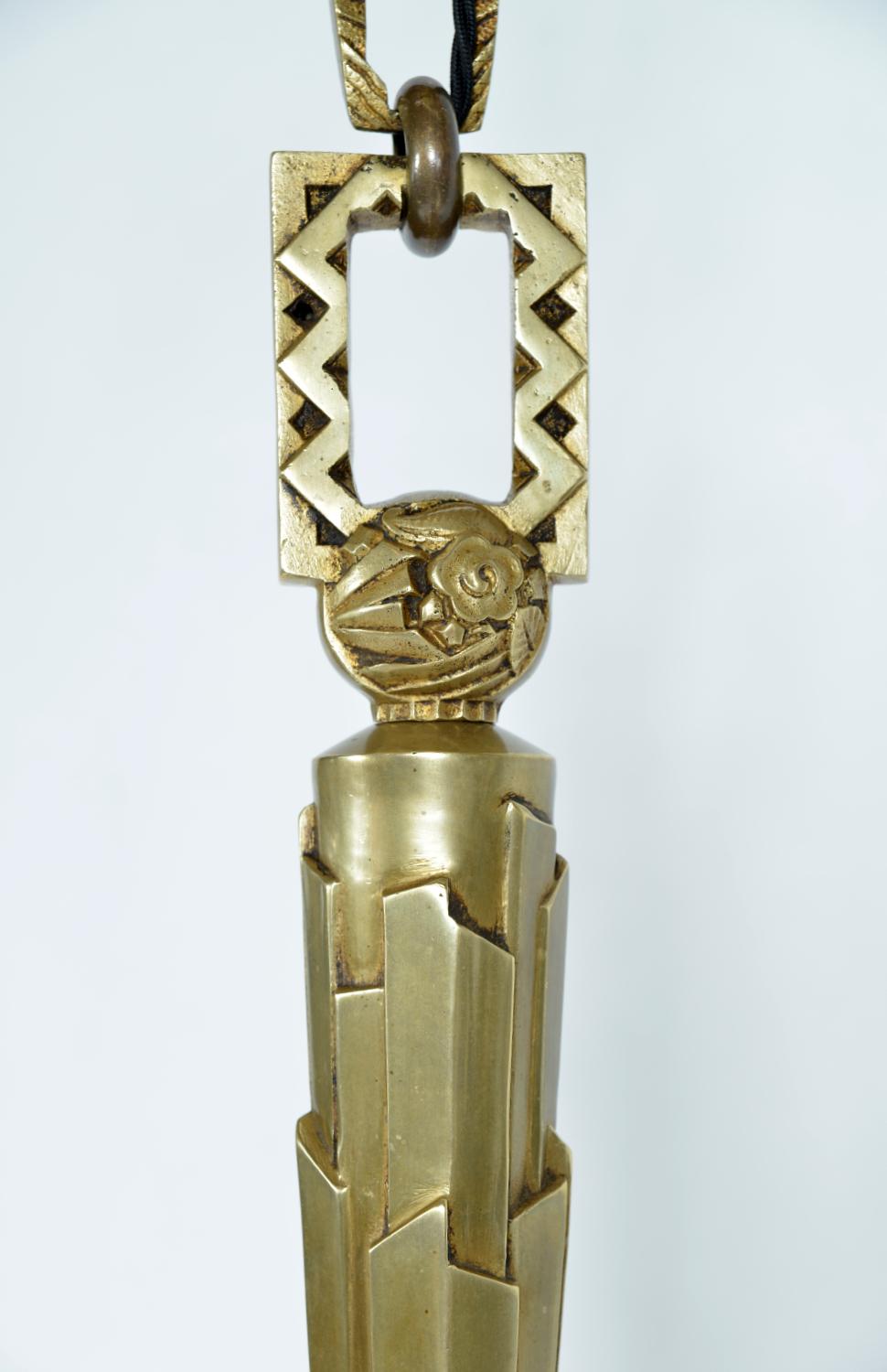 Lustre Art Déco français des années 1930 en laiton et verre Hettier & Vincent Freres Hanots en vente 4