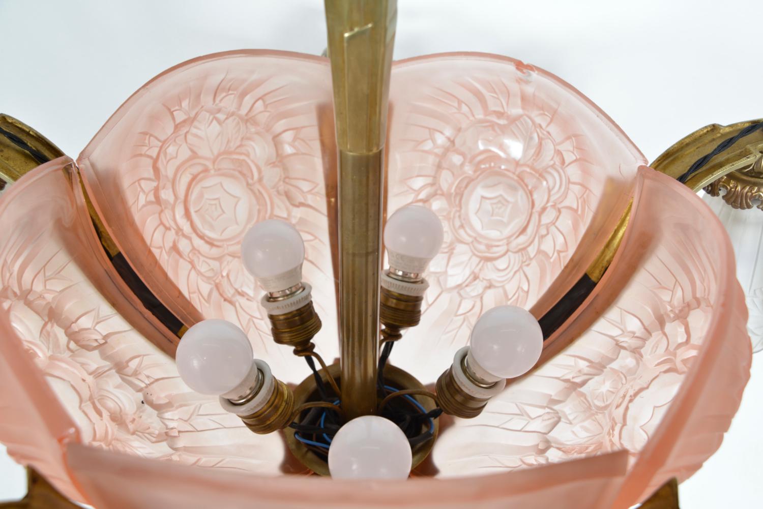 Lustre Art Déco français des années 1930 en laiton et verre Hettier & Vincent Freres Hanots en vente 11
