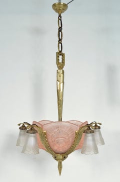 Lustre Art Déco français des années 1930 en laiton et verre Hettier & Vincent Freres Hanots