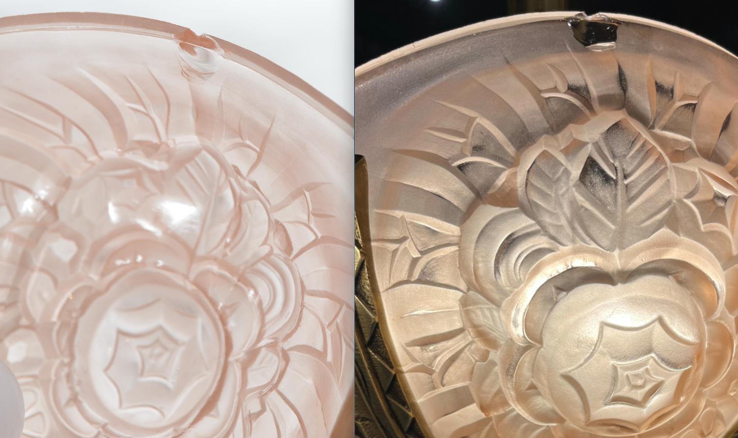 Lustre Art Déco français des années 1930 en laiton et verre Hettier & Vincent Freres Hanots en vente 13