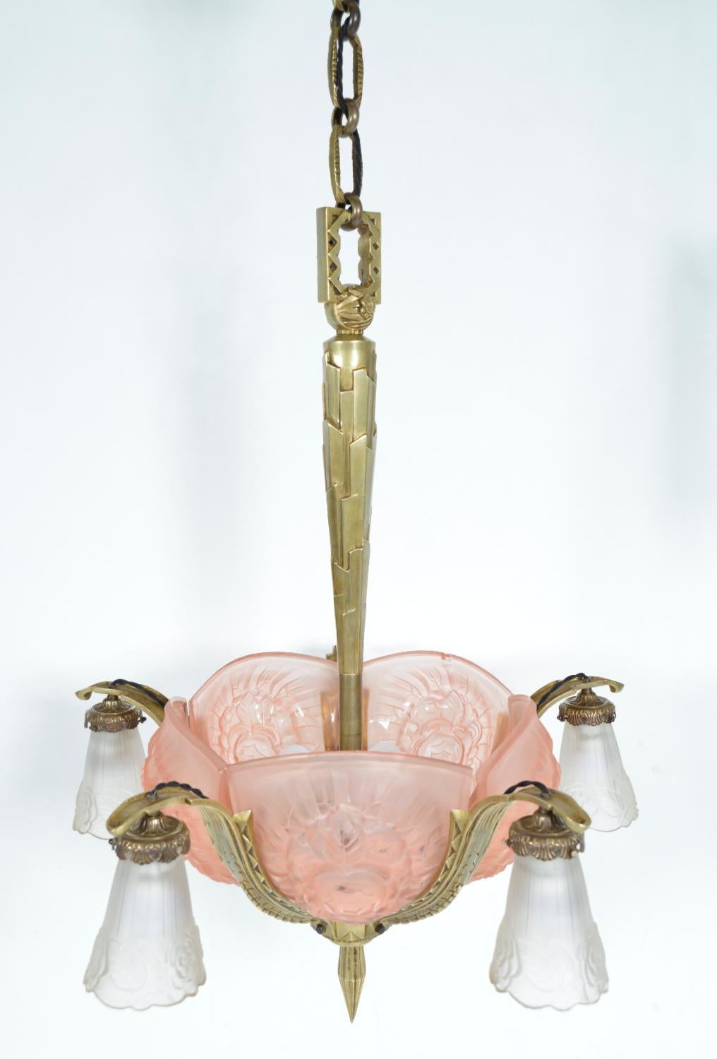 Lustre Art Déco français des années 1930 en laiton et verre Hettier & Vincent Freres Hanots Bon état - En vente à Sherborne, Dorset