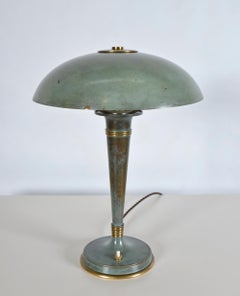1930s French Art Deco Brass Verdigris Green Mushroom Desk Light Lamp