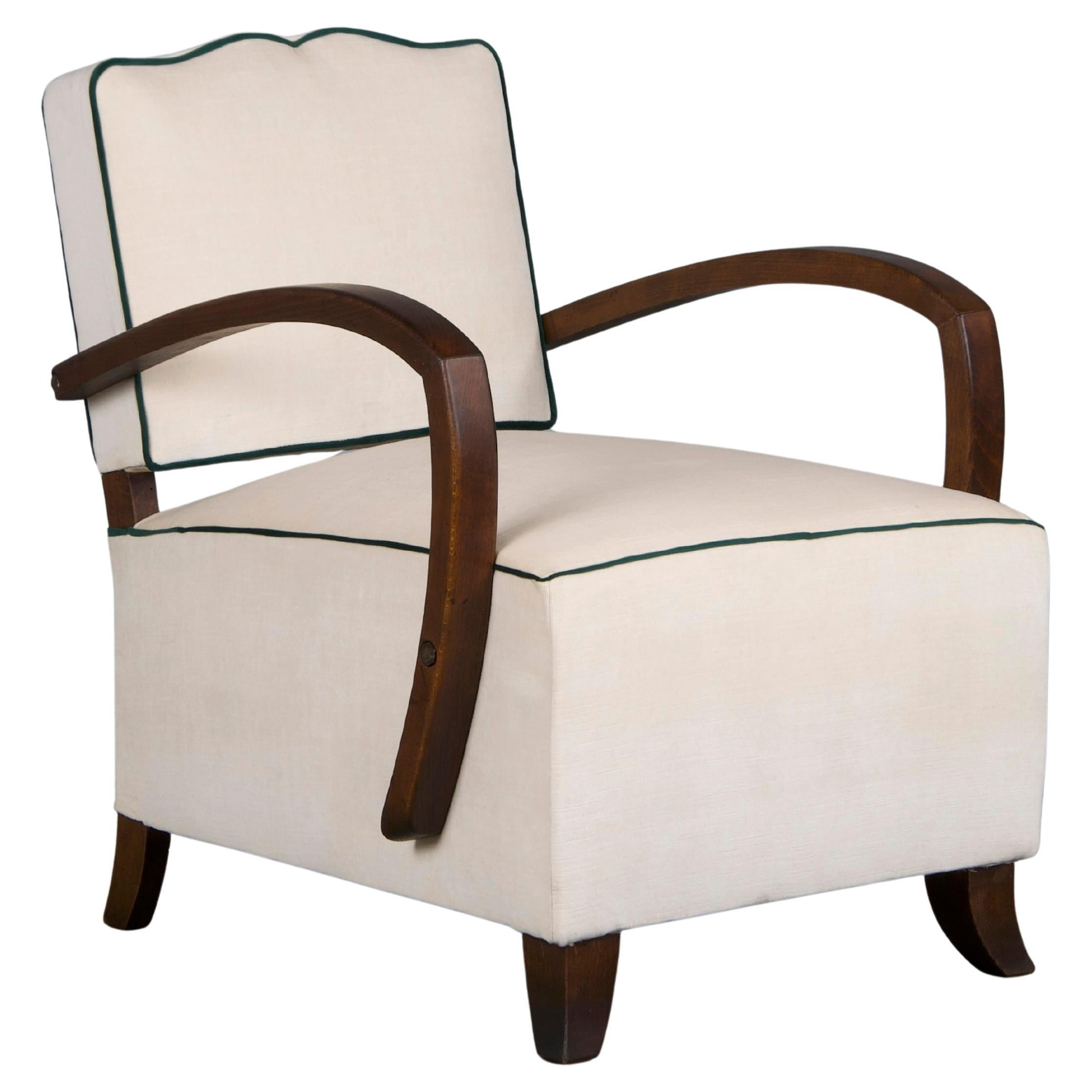 1930s French Art Deco Bridge Arms Maple Club Chair W/ Cream Velvet