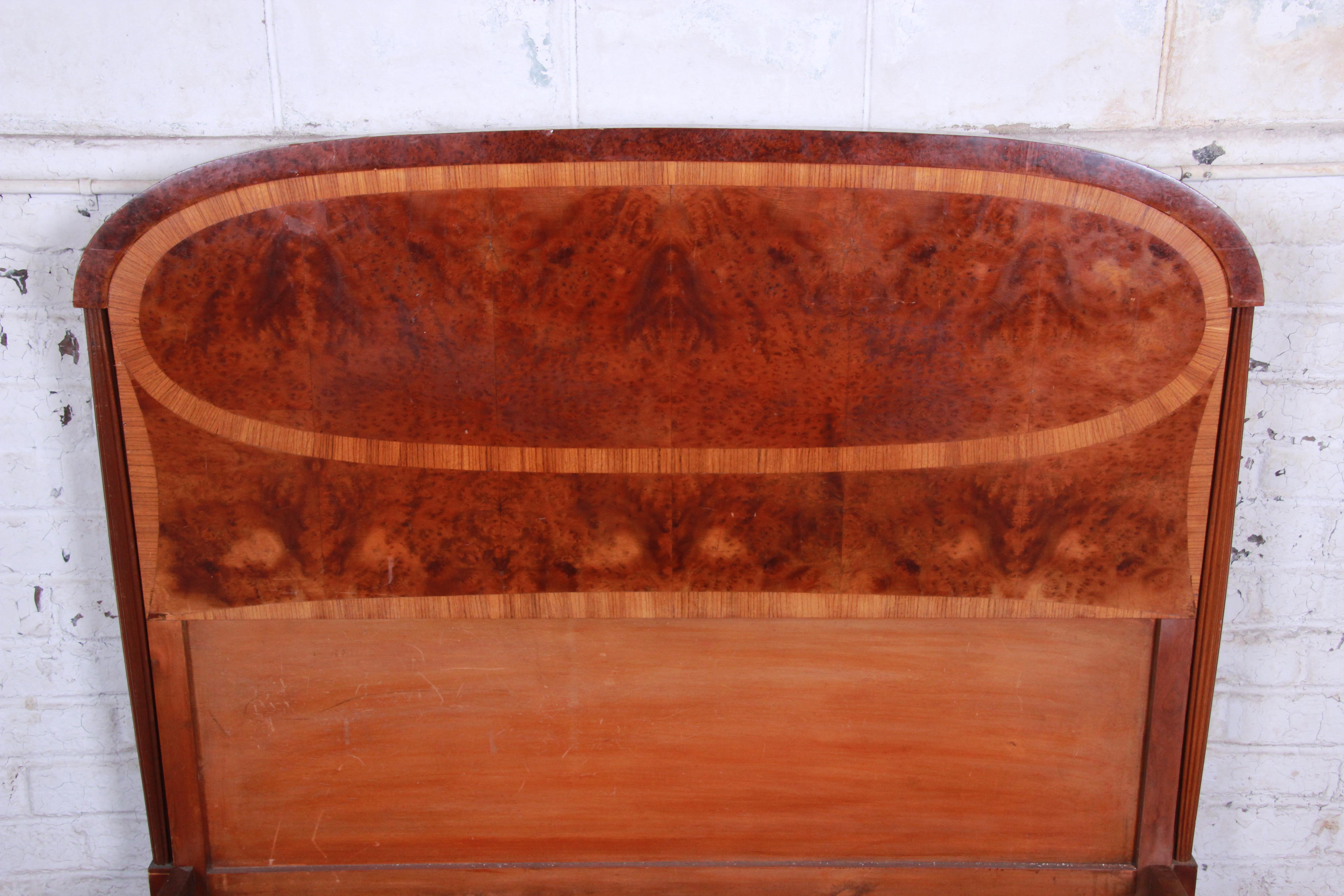 Mid-20th Century 1930s French Art Deco Burl Wood and Inlaid Marquetry Full Size Bed Frame