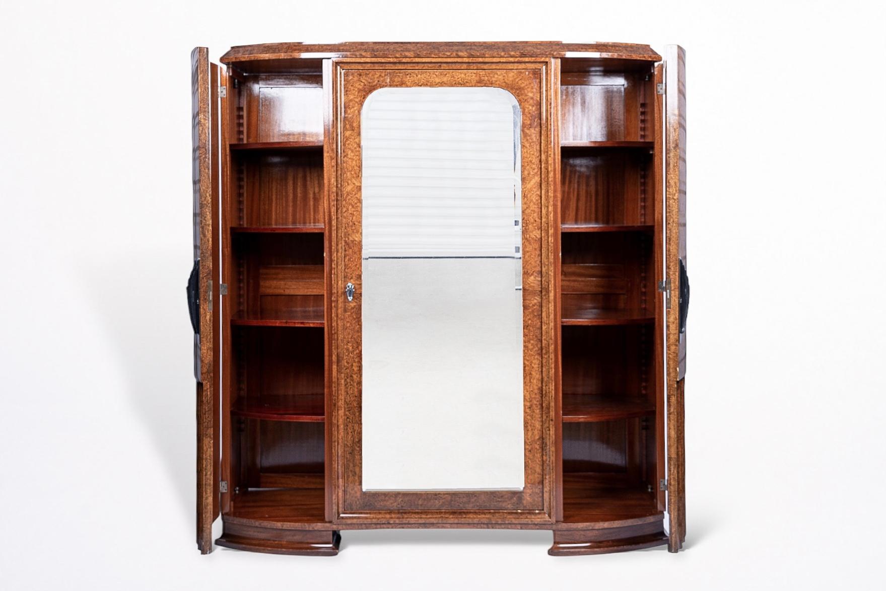 Hand-Crafted 1930s French Art Deco Burl Wood Mirrored Armoire Cabinet