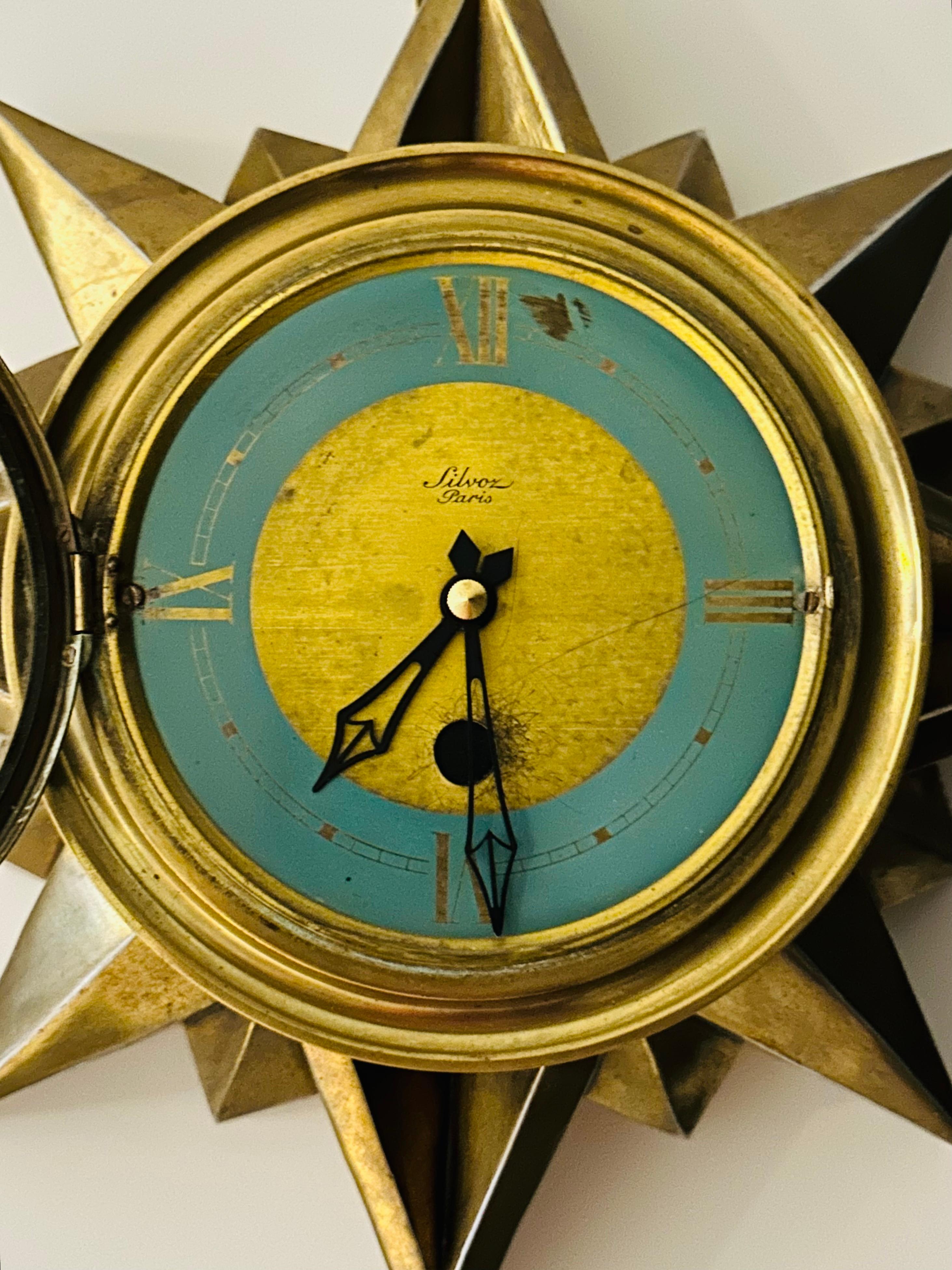 Horloge murale Art déco française des années 1930 « Cartel Silvoz Paris » Sunburst en laiton en vente 5
