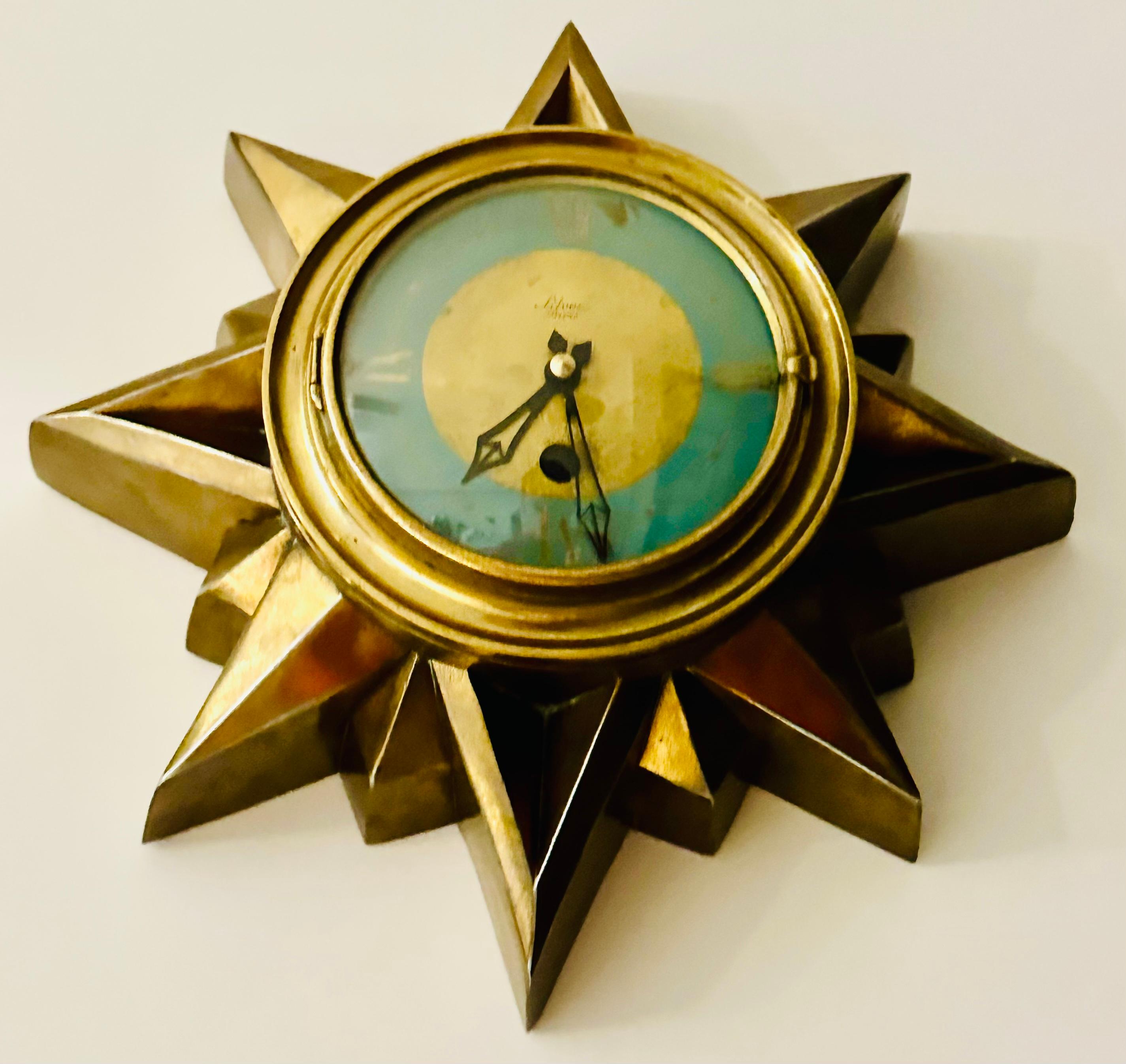 Mid-20th Century 1930s French Art Deco 'Cartel Silvoz Paris' Sunburst Brass Wall Hanging Clock For Sale