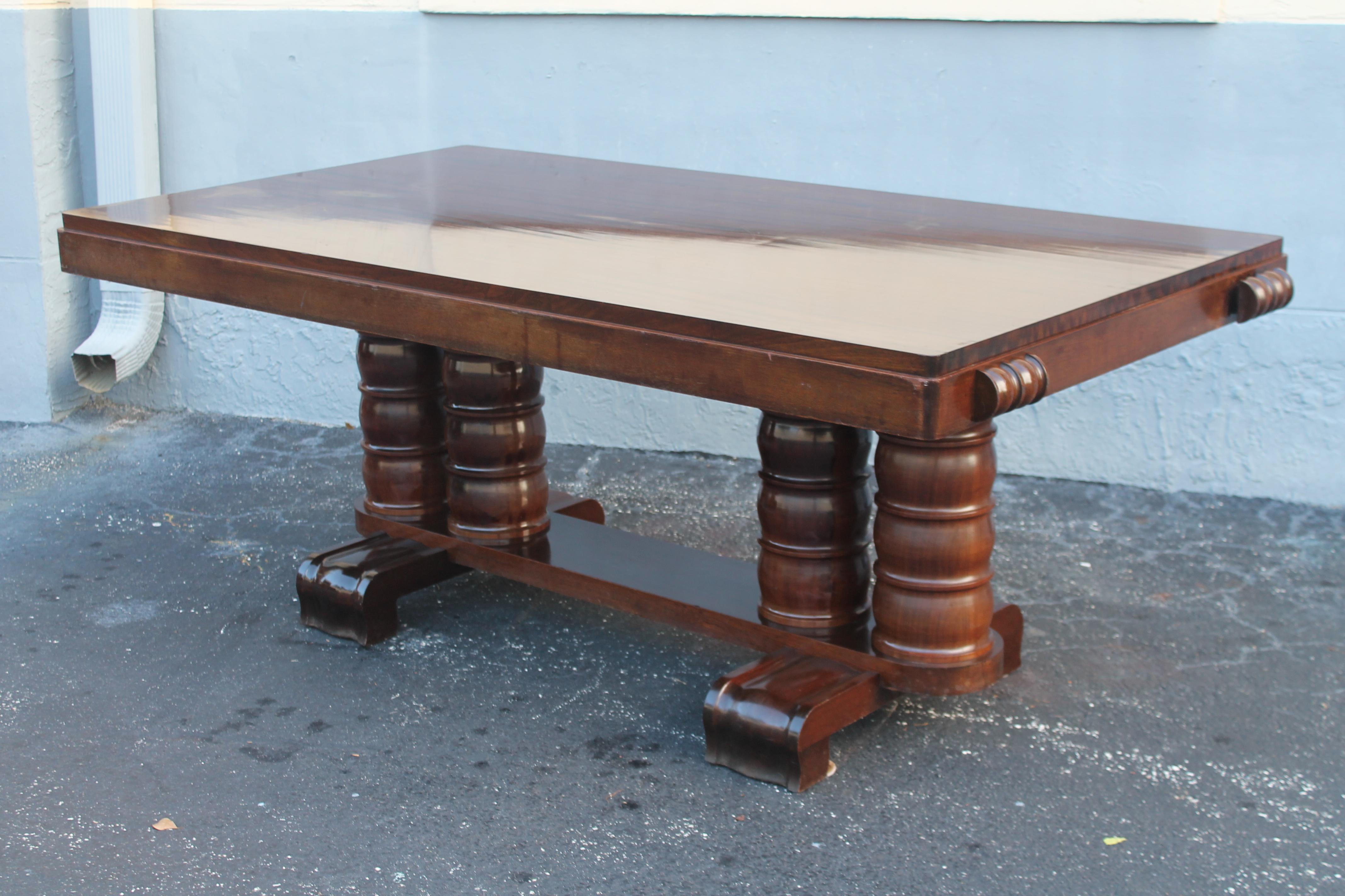 1930's French Art Deco Carved Mahogany Dining Table by Gaston Poisson 5