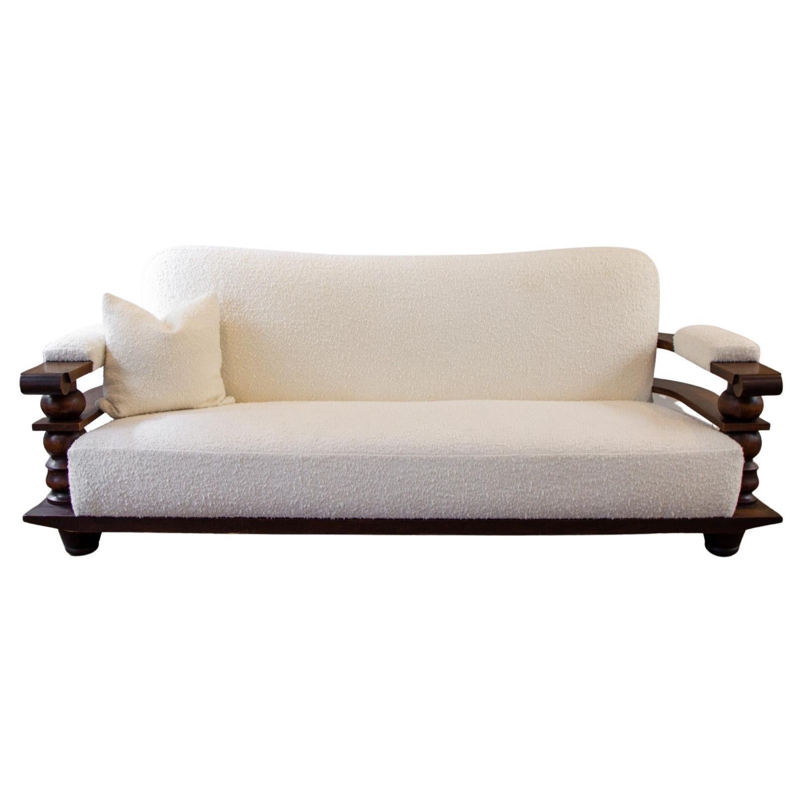 1930s French Art Deco Carved Oak Sofa in the style of Charles Dudouyt