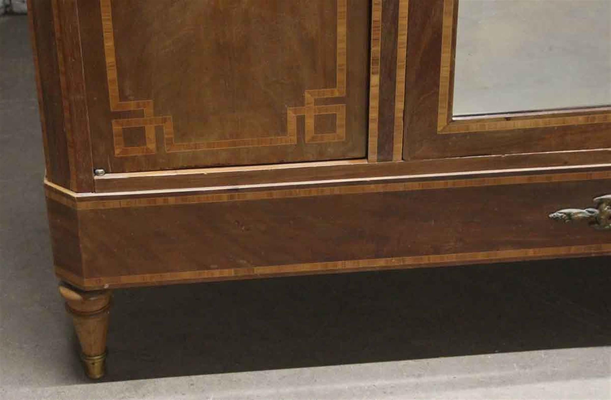1930s French Art Deco Carved Walnut Mirrored Armoire with Detailed Inlays 1