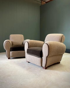 1930s French Art Deco Club Chairs in Chocolate Mohair and Danish Tweed