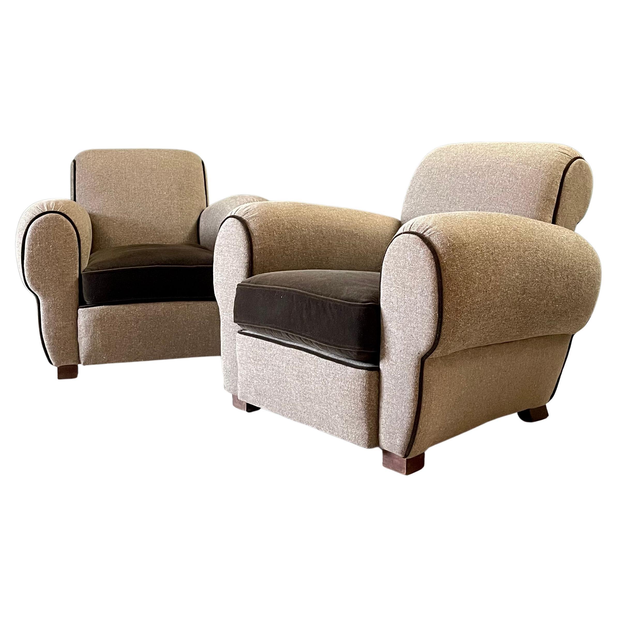 1930s French Art Deco Club Chairs in Danish Tweed and Chocolate Mohair