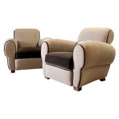 Französische Art-Déco-Clubsessel aus dänischem Tweed und schokoladenbraunem Mohair aus den 1930er Jahren