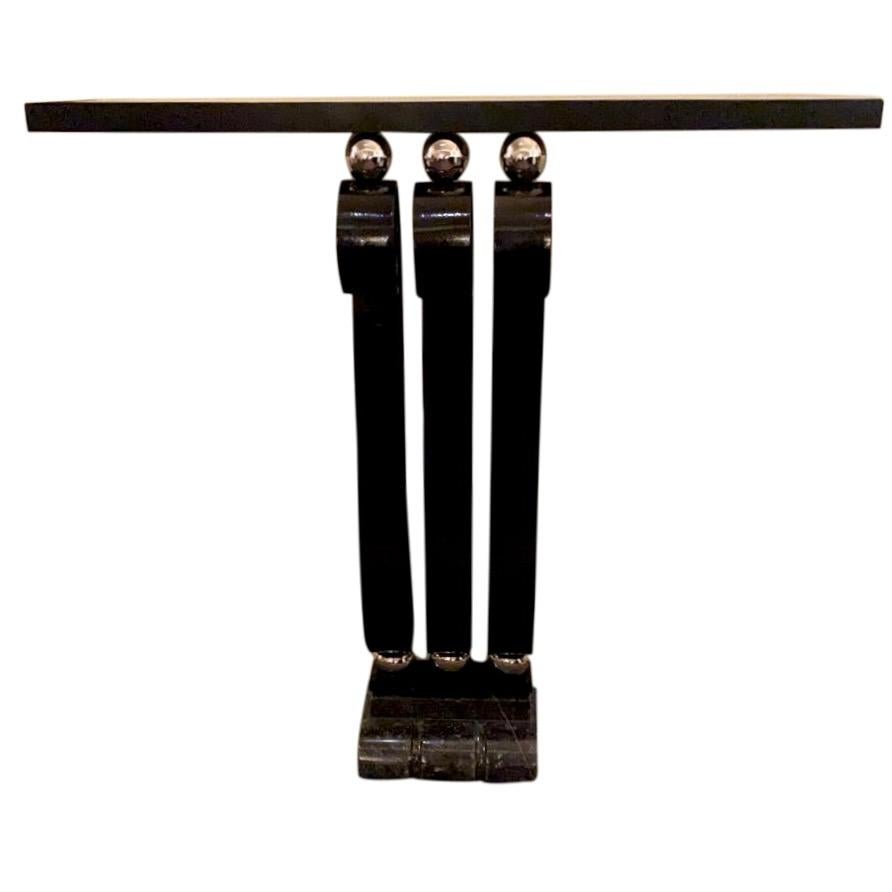 Console table
Marble top on chromed balls 
Wrought iron foot and base, black lacquered 

Original Art Deco, France 1930s

Dimensions:
Width: 90 cm
Height: 84 cm
Depth: 32 cm 