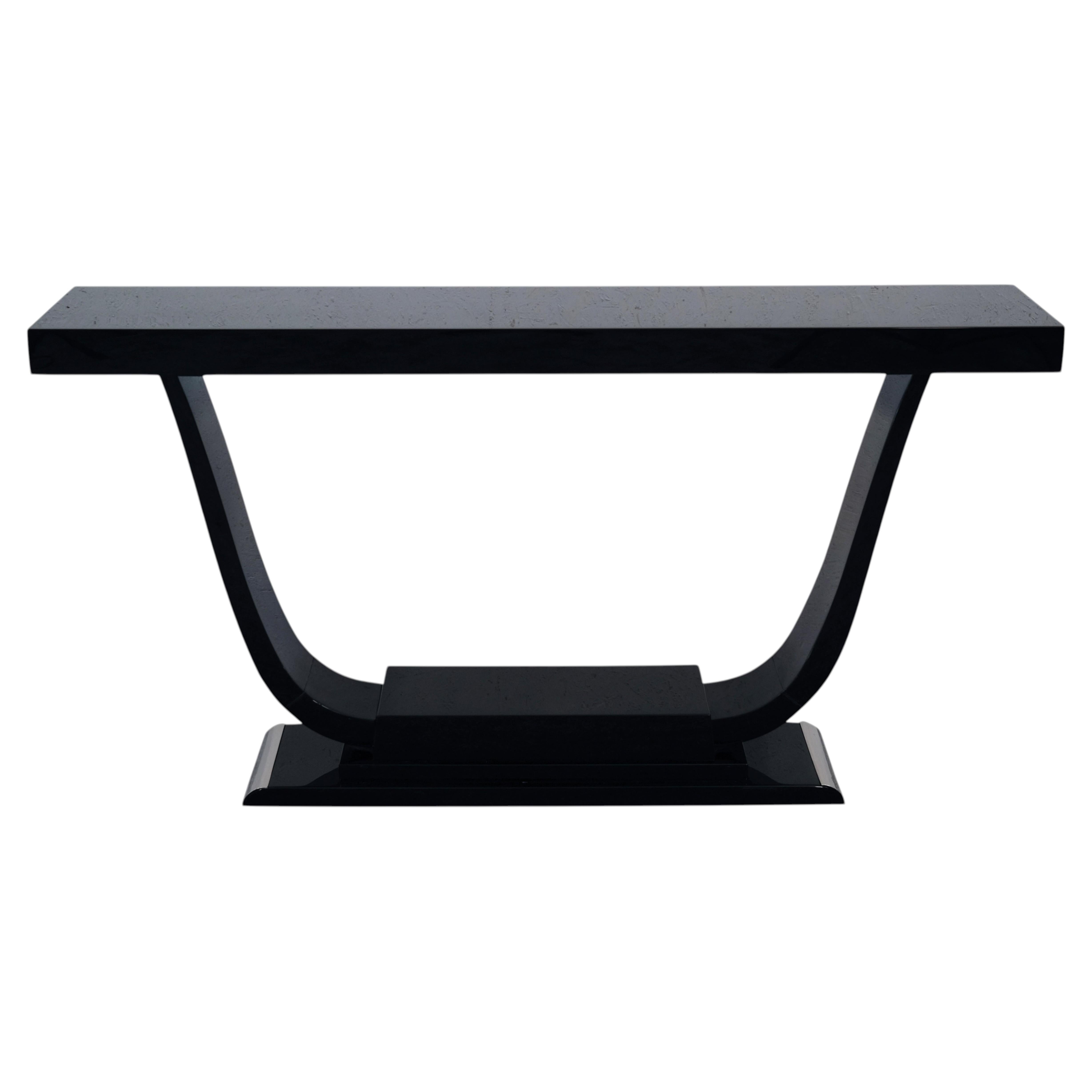 1930s French Art Deco Console Table with Tulip Shape in Black Lacquer and Chrome