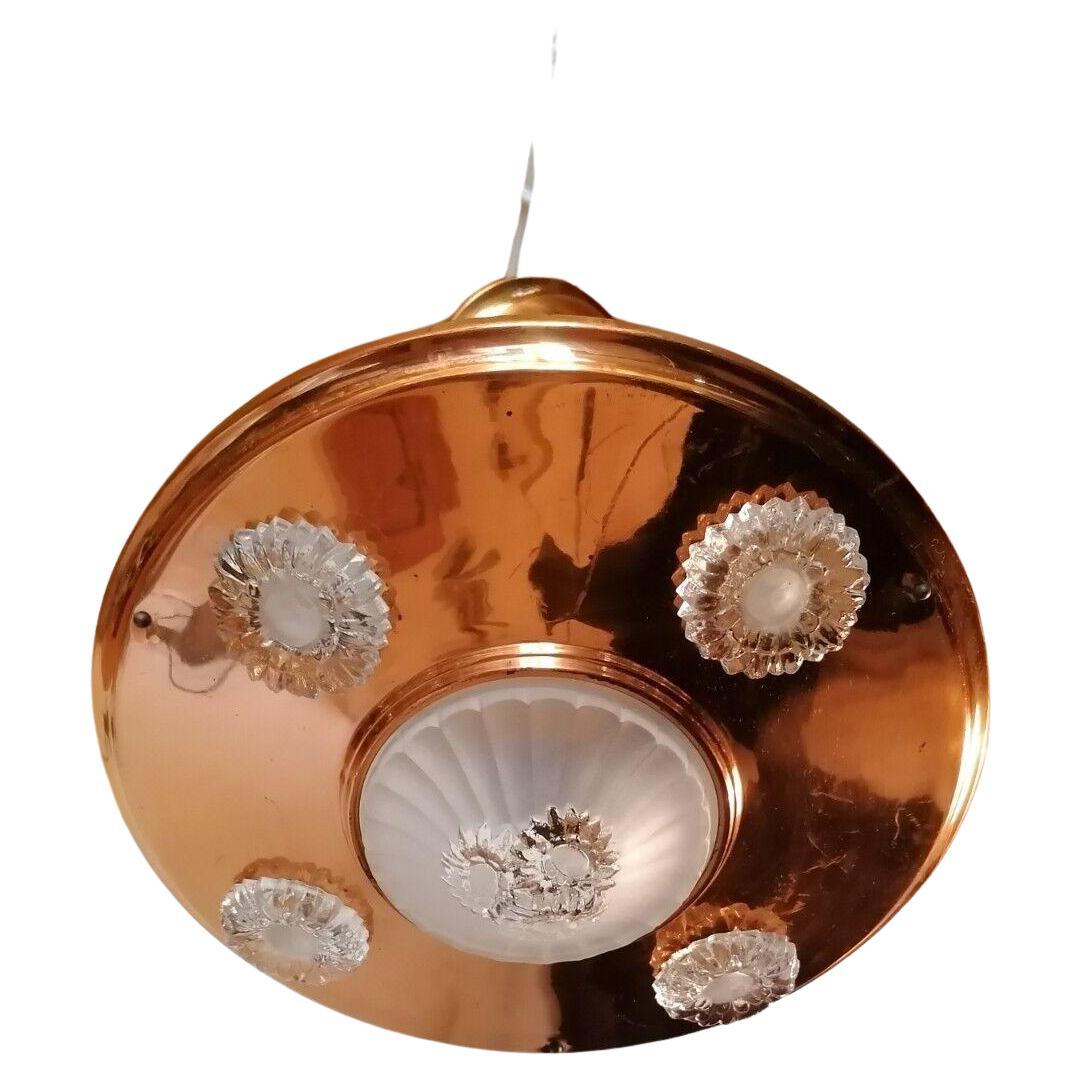 1930s French Art Deco Copper & Art Glass "Sunflowers" Ceiling Flush Mount Ezan For Sale