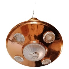 1930s French Art Deco Copper & Art Glass "Sunflowers" Ceiling Flush Mount Ezan