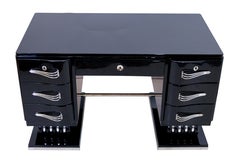 1930s French Art Deco Desk in Black Lacquer with Nickeled Metal Applications