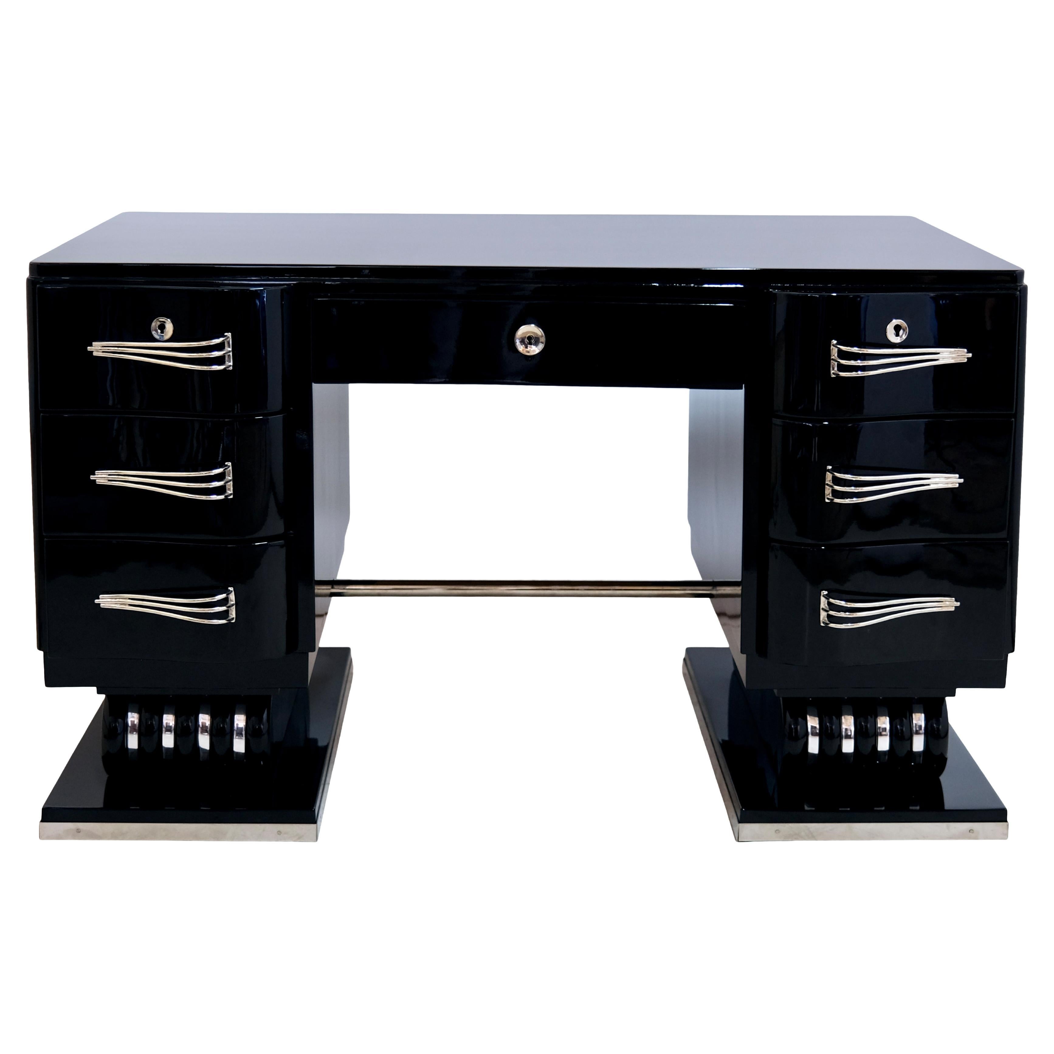 1930s French Art Deco Desk in Black Lacquer with Nickeled Metal Applications