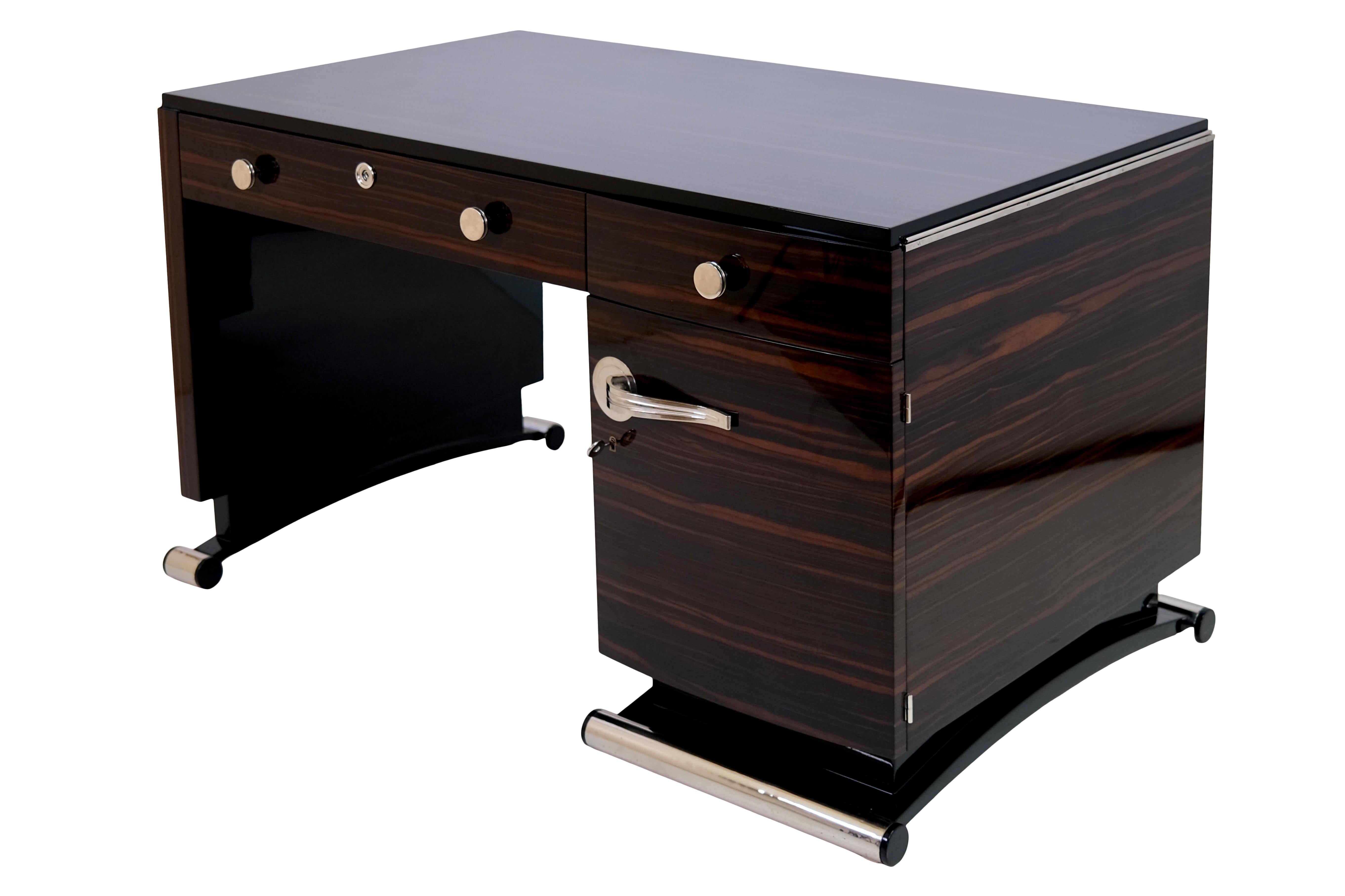 Blackened 1930's French Art Deco Desk on Curved Legs in Makassar with High Gloss Finish 
