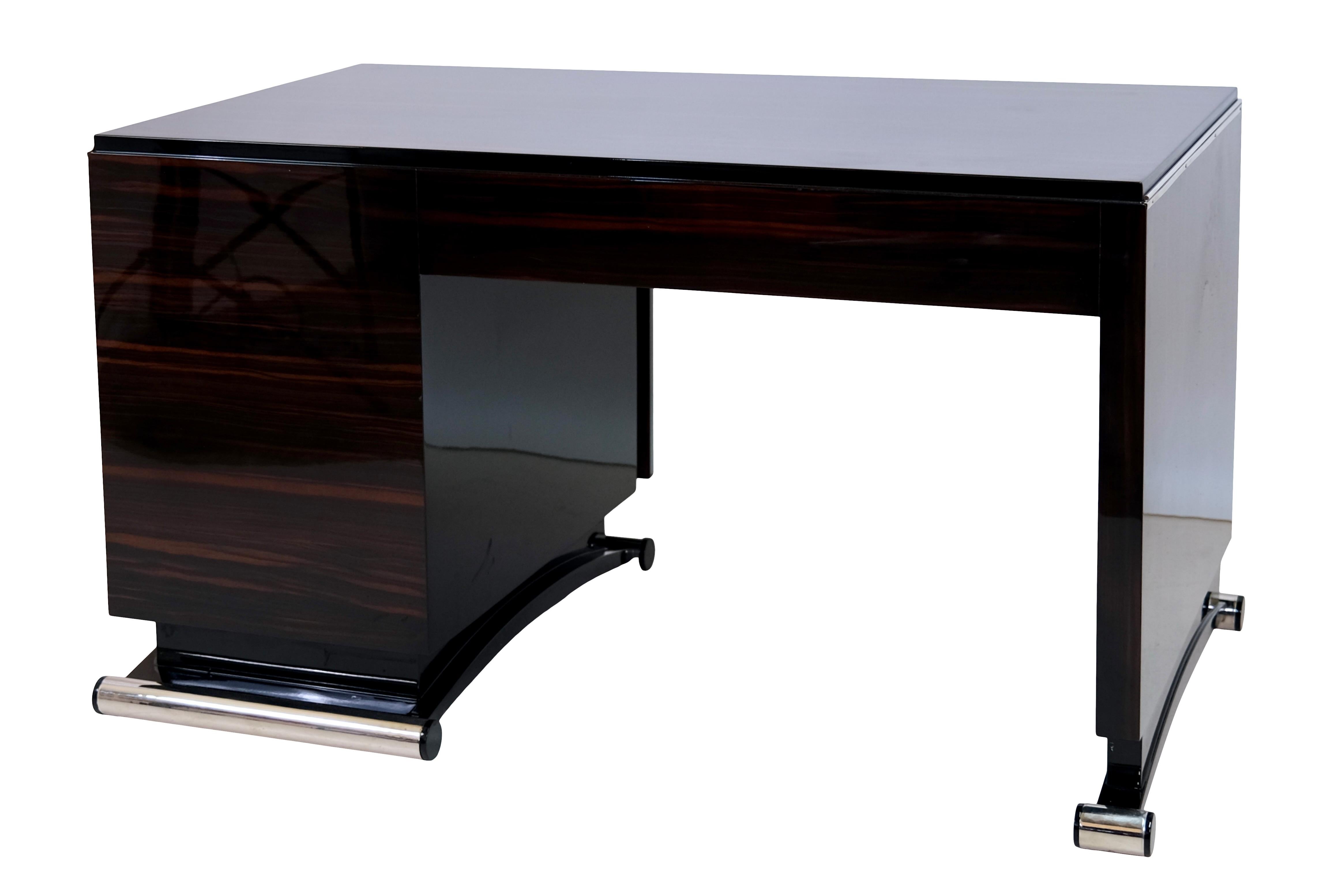 1930's French Art Deco Desk on Curved Legs in Makassar with High Gloss Finish  2