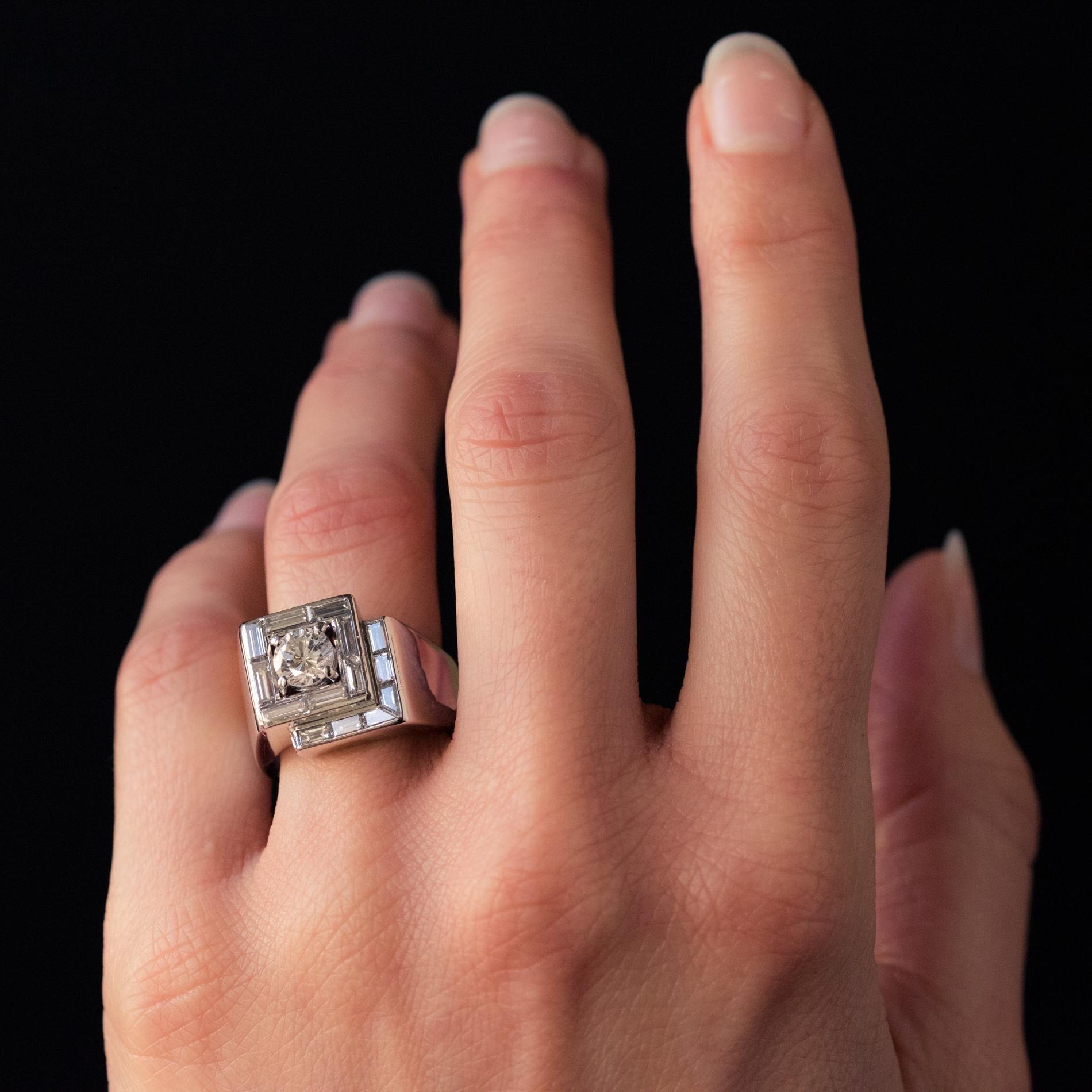 1930s French Art Deco Diamonds Platinum Asymmetrical Ring For Sale 6