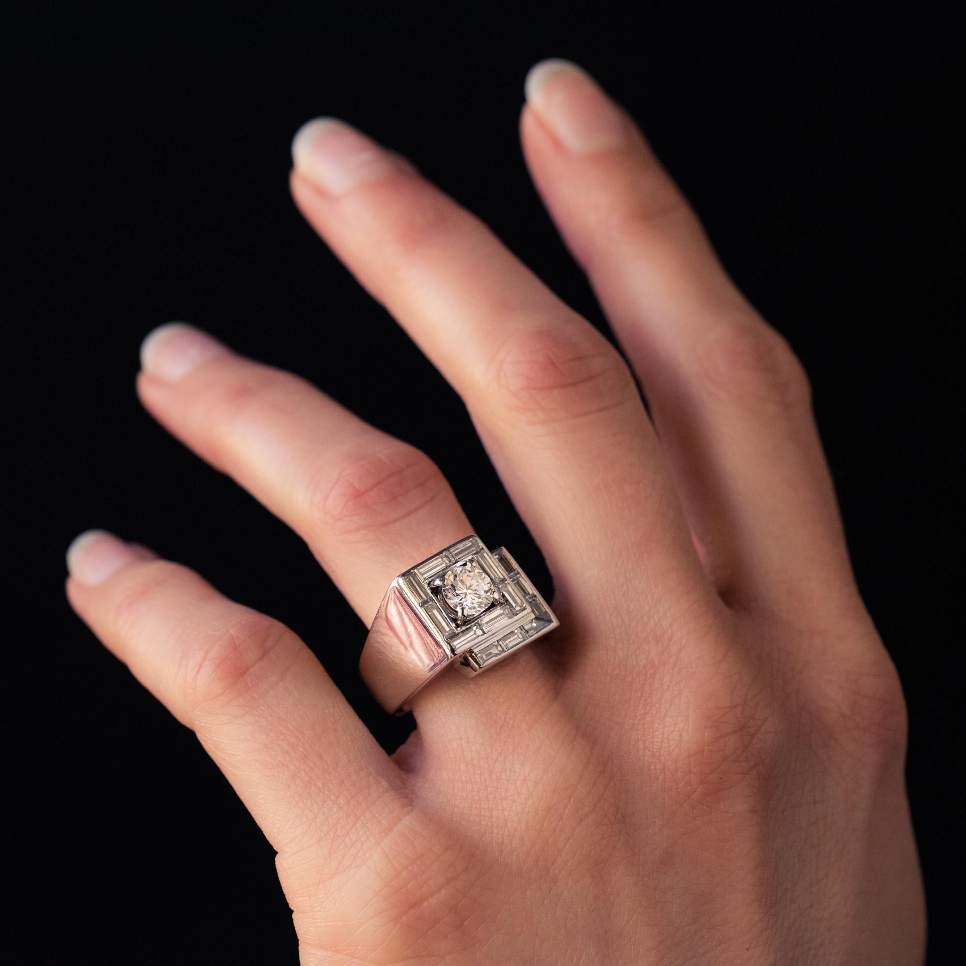 Brilliant Cut 1930s French Art Deco Diamonds Platinum Asymmetrical Ring For Sale