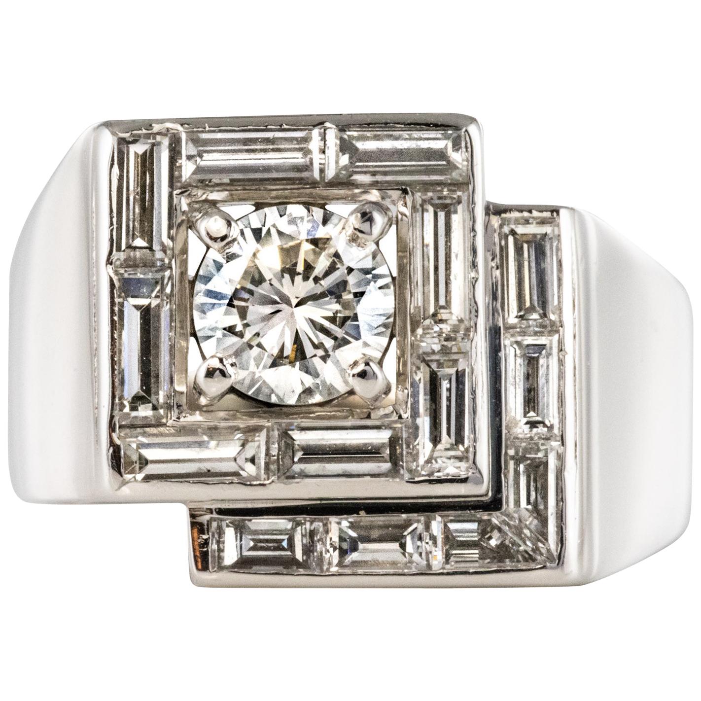 1930s French Art Deco Diamonds Platinum Asymmetrical Ring