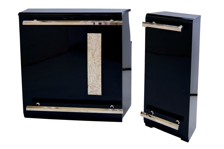 1930's French Art Deco Dry Bar Furniture in Black Lacquer with Side