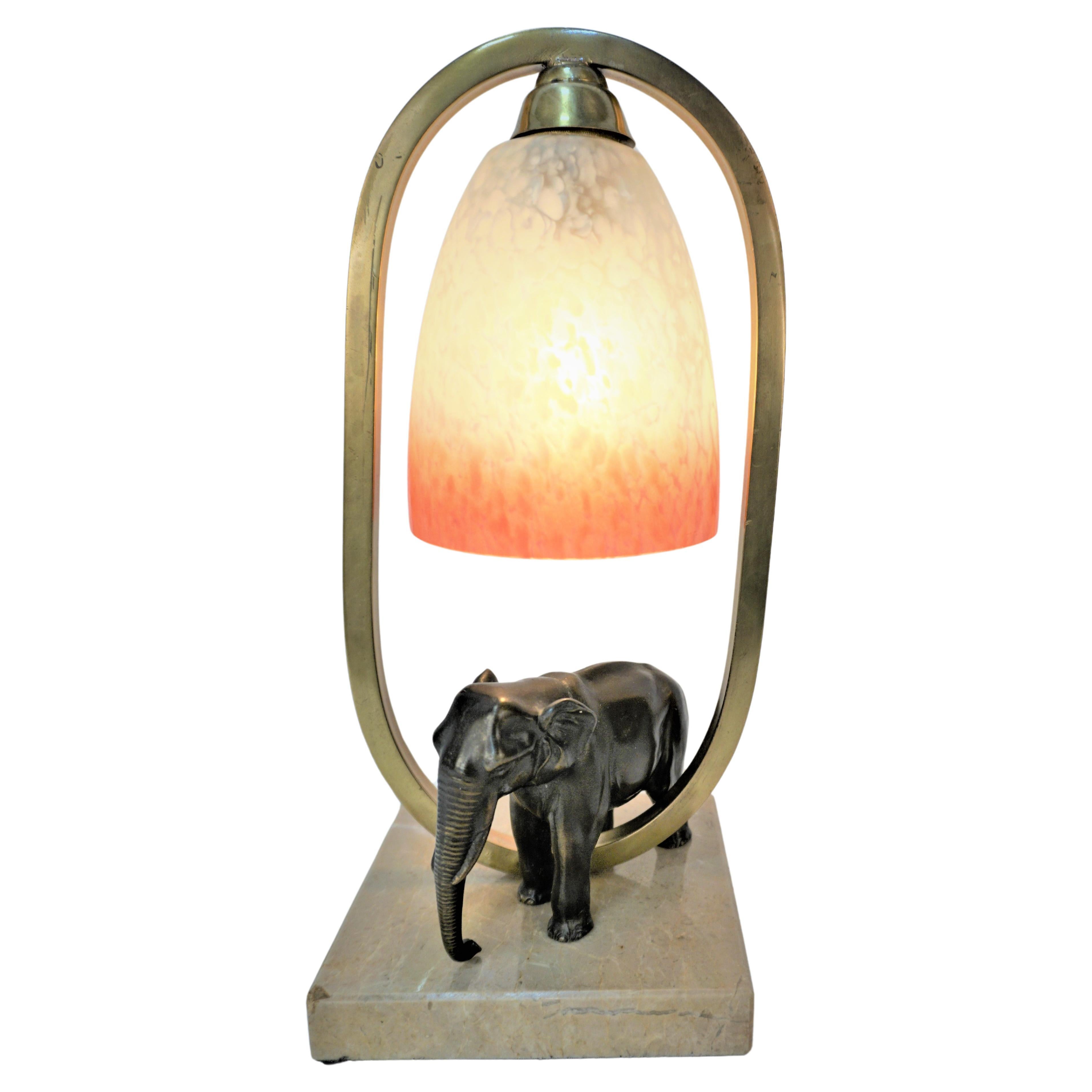 1930's French Art Deco Elephant Art Glass Table Lamp For Sale