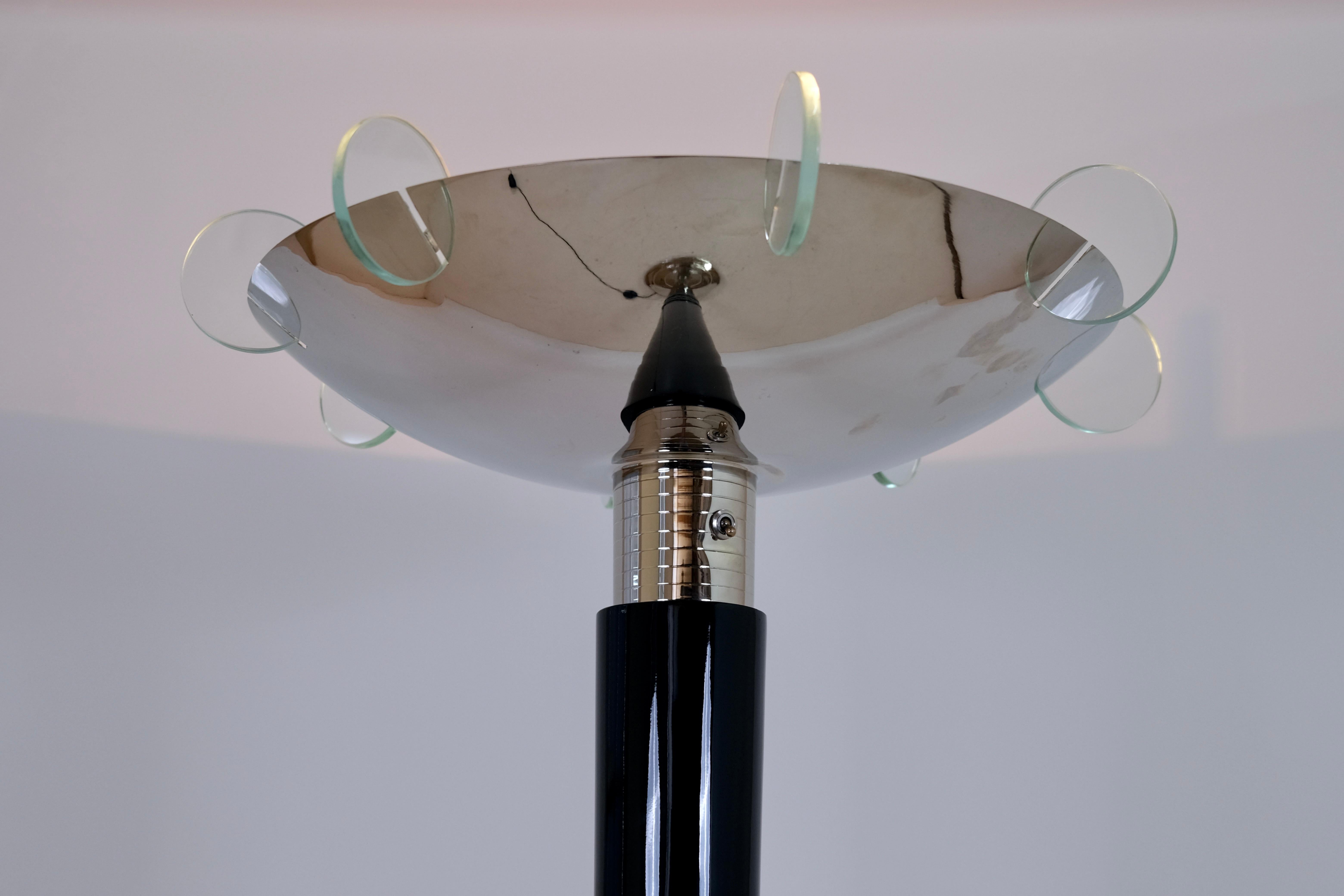 Blackened 1930's French Art Deco Floor Lamp with Black Stem and Nickeled Shade and Base