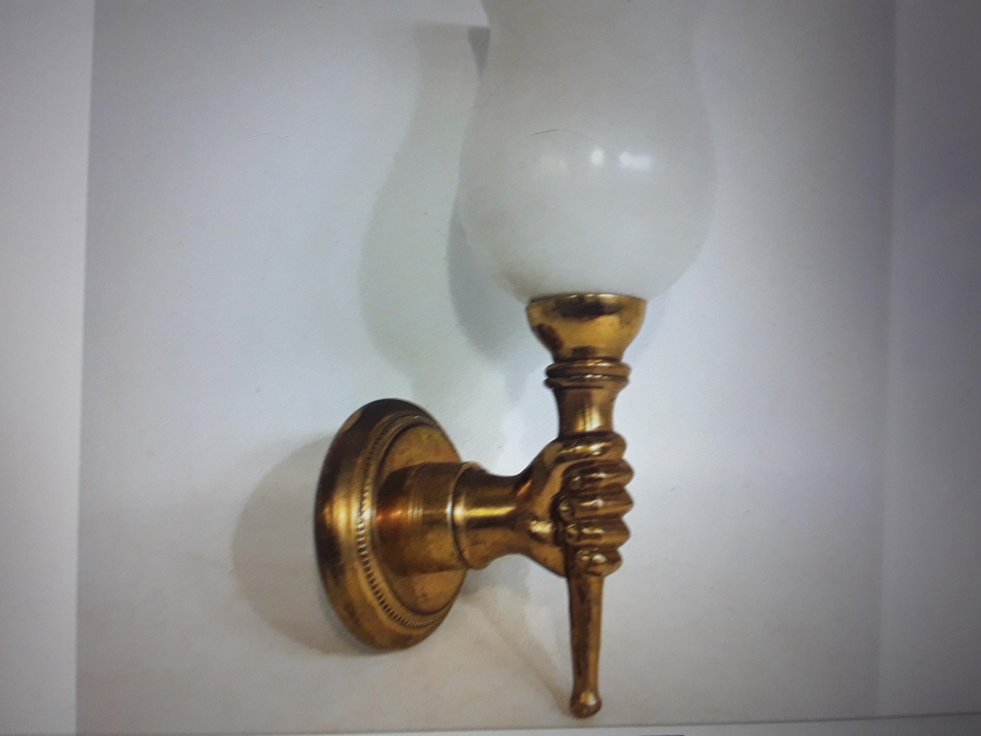 1930's French Art Deco Gilt Bronze Fist Holding Torch -Opaline Shade attr. Arbus In Good Condition For Sale In Opa Locka, FL