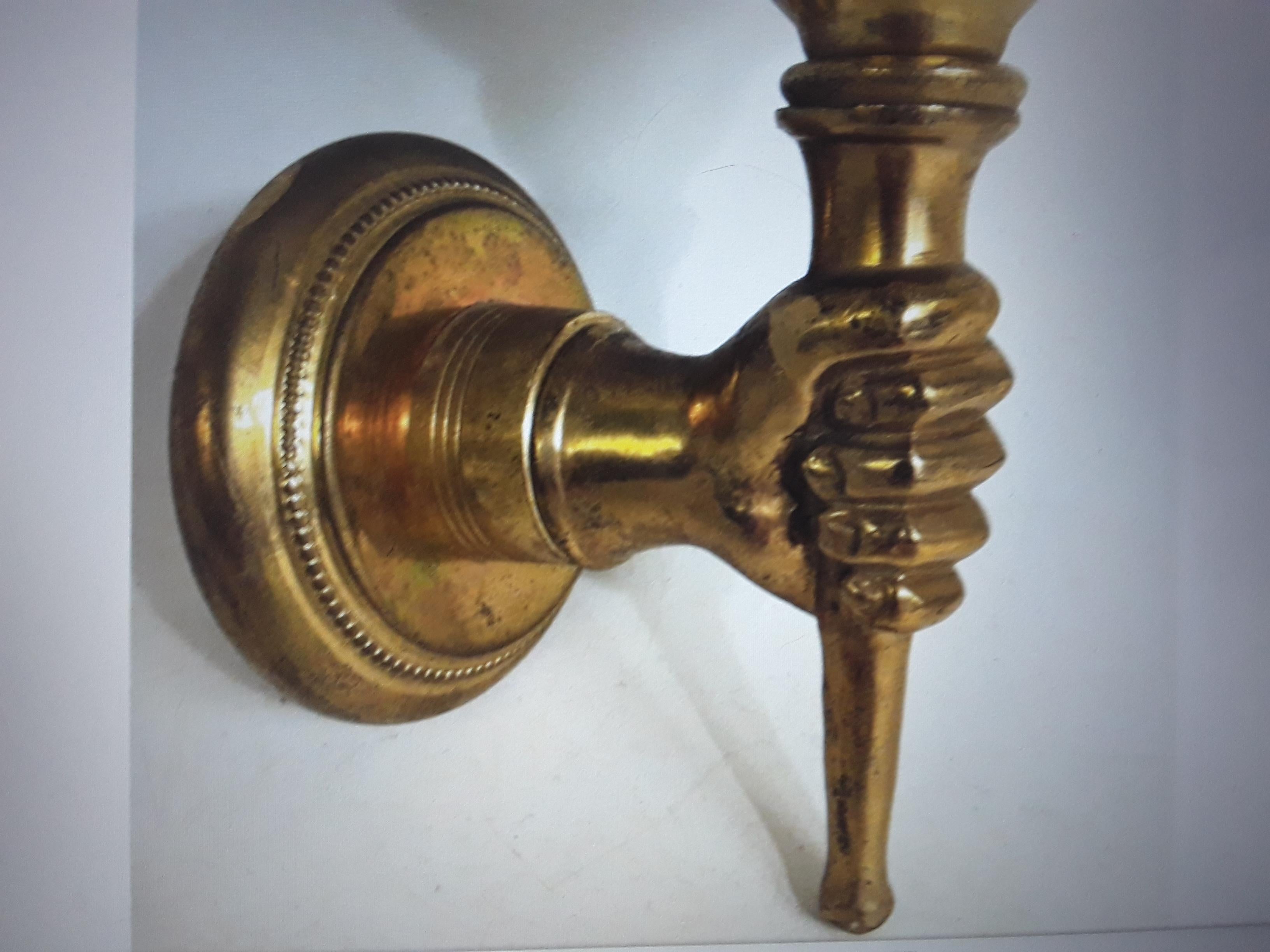 1930's French Art Deco Gilt Bronze Fist Holding Torch -Opaline Shade attr. Arbus For Sale 1
